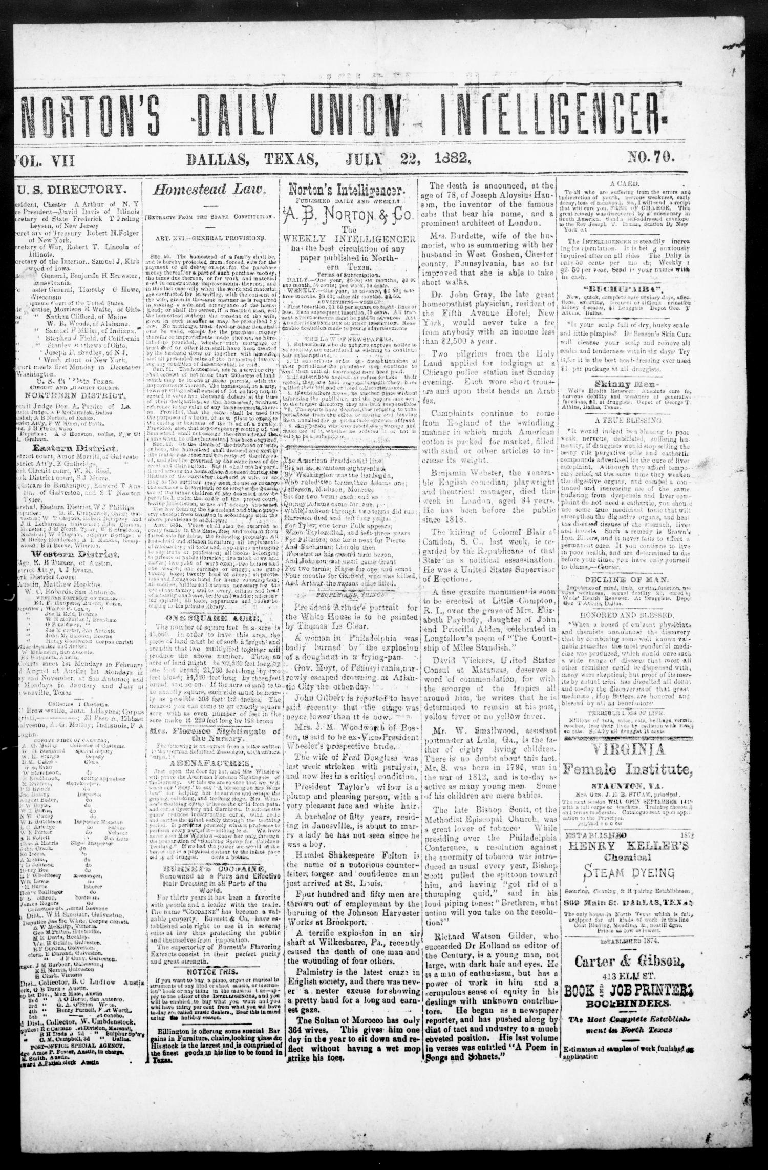 Norton's Daily Union Intelligencer. (Dallas, Tex.), Vol. 7, No. 70, Ed. 1 Saturday, July 22, 1882
                                                
                                                    [Sequence #]: 1 of 4
                                                