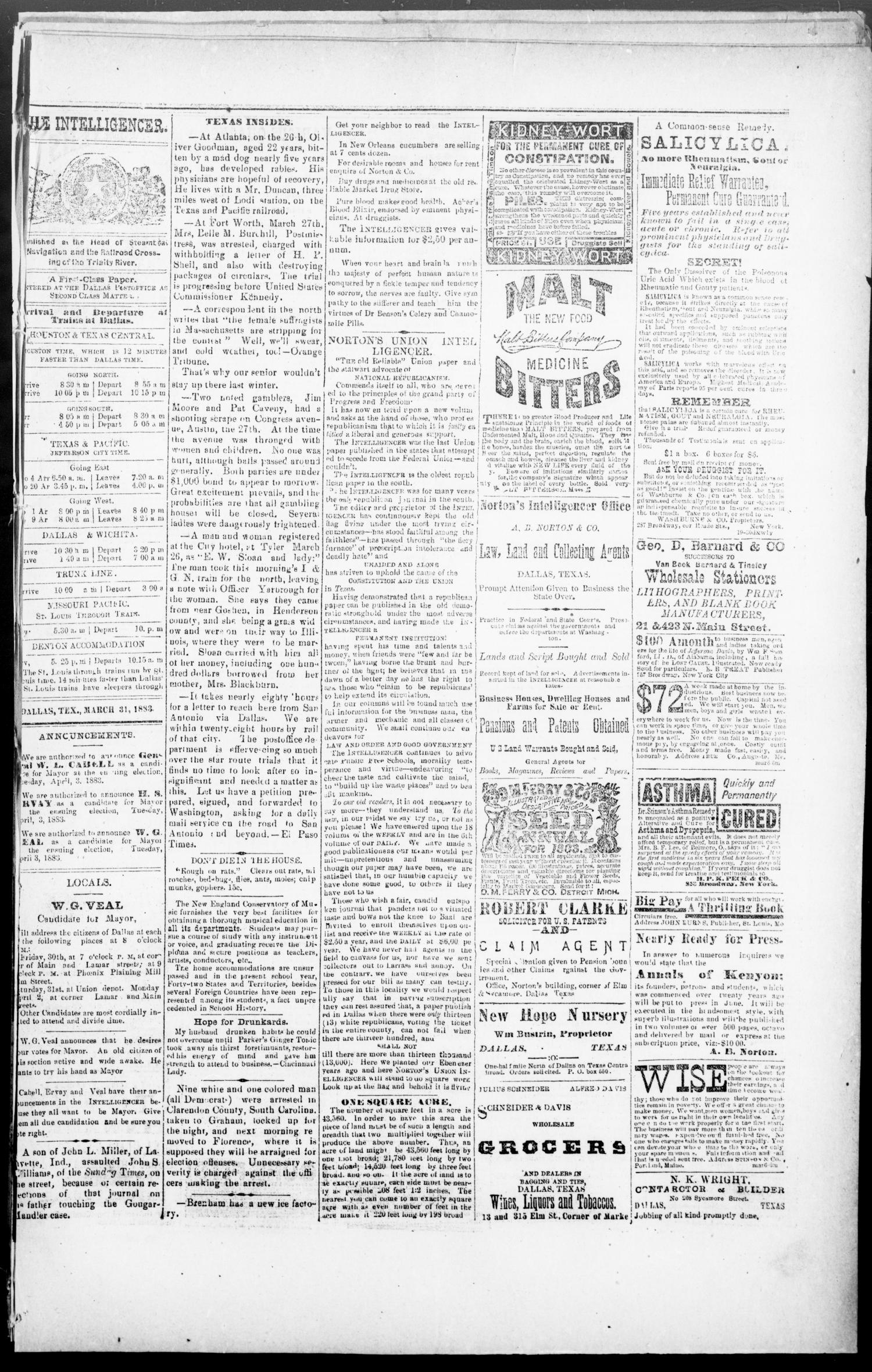 Norton's Daily Union Intelligencer. (Dallas, Tex.), Vol. 7, No. 285, Ed. 1 Saturday, March 31, 1883
                                                
                                                    [Sequence #]: 3 of 4
                                                
