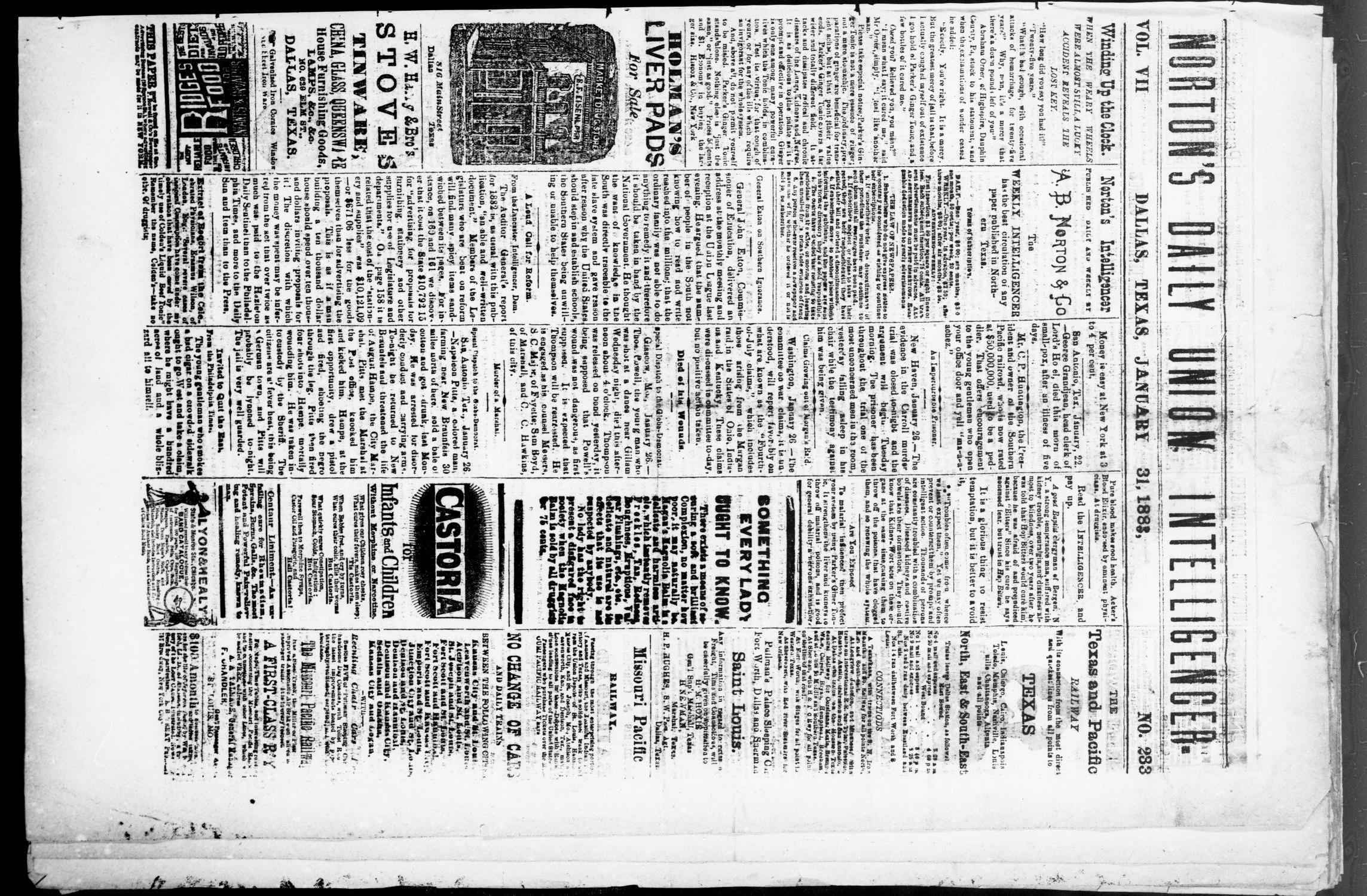 Norton's Daily Union Intelligencer. (Dallas, Tex.), Vol. 7, No. 233, Ed. 1 Wednesday, January 31, 1883
                                                
                                                    [Sequence #]: 1 of 4
                                                