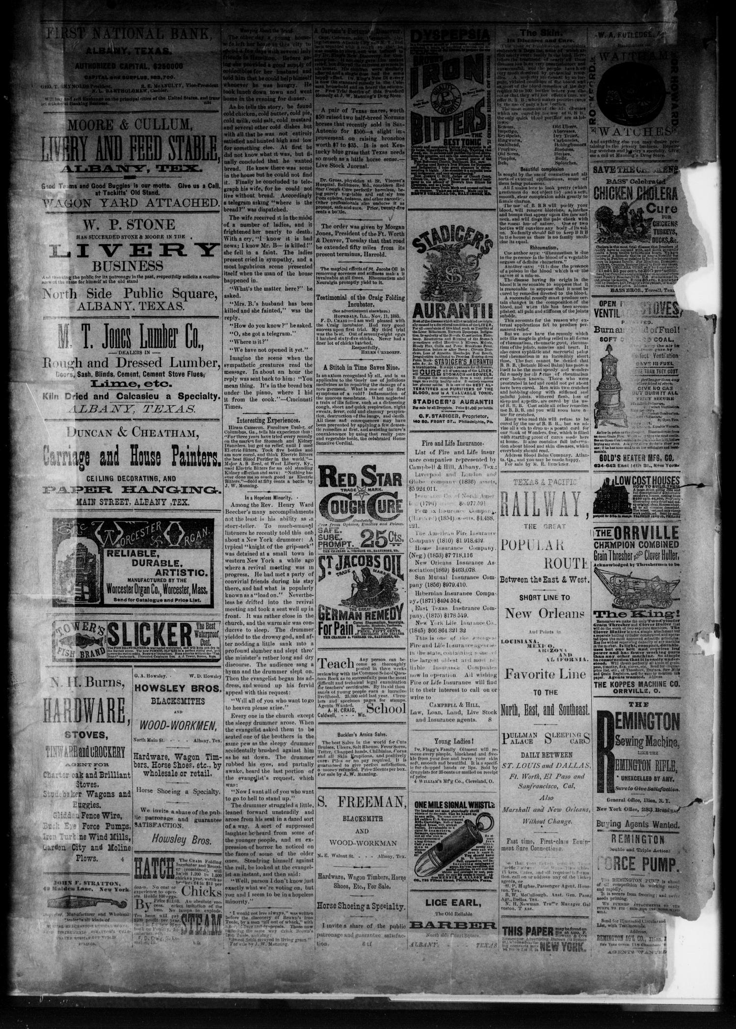 The Albany News. (Albany, Tex.), Vol. 3, No. 10, Ed. 1 Thursday, April 29, 1886
                                                
                                                    [Sequence #]: 4 of 4
                                                