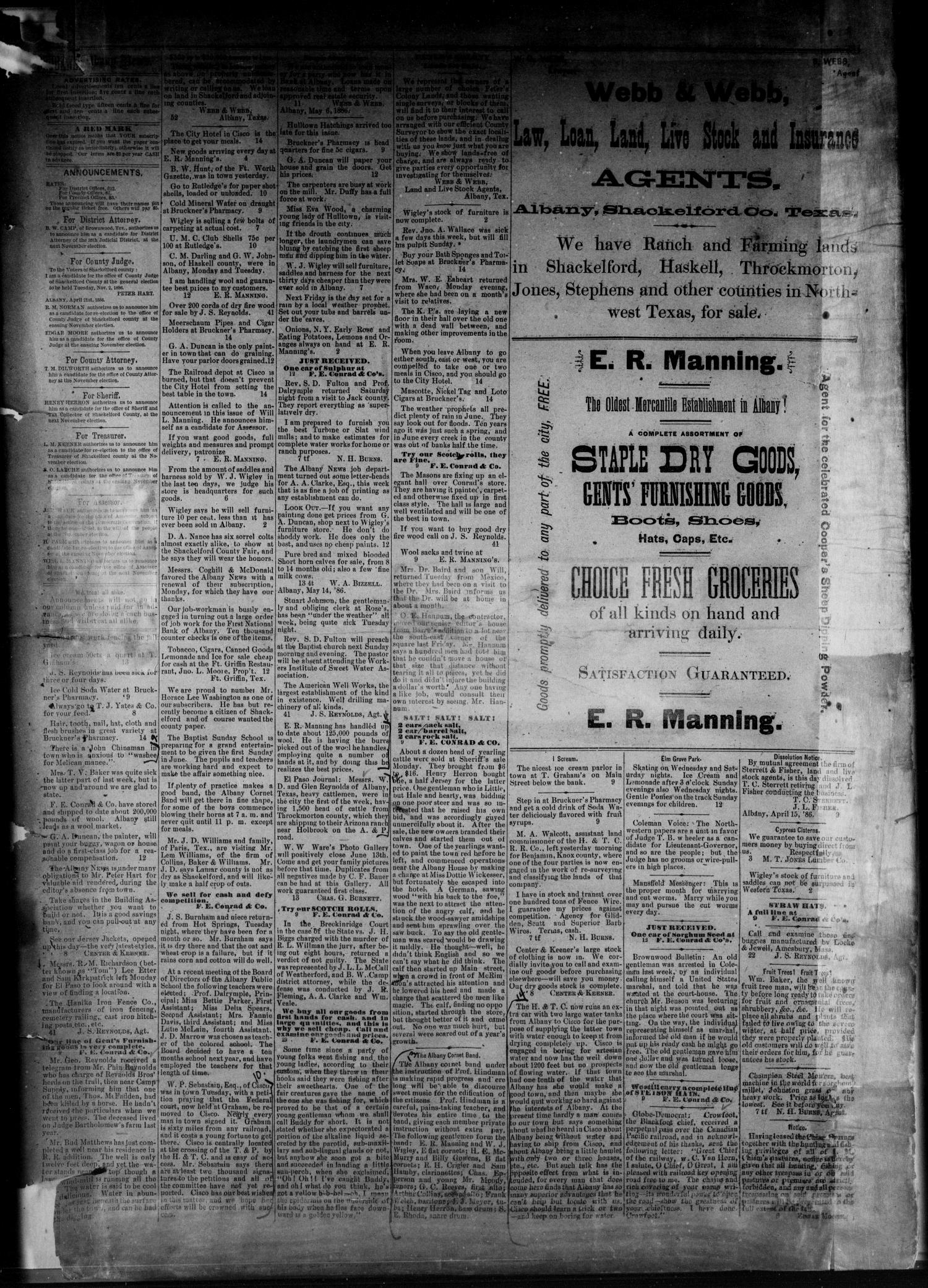 The Albany News. (Albany, Tex.), Vol. 3, No. 14, Ed. 1 Thursday, May 27, 1886
                                                
                                                    [Sequence #]: 3 of 4
                                                