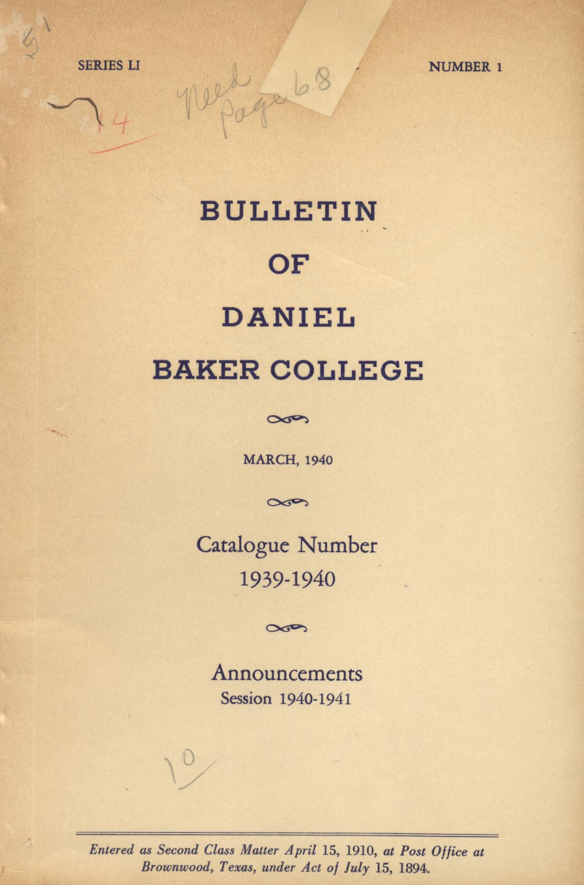 Catalogue of Daniel Baker College, 1939-1940
                                                
                                                    Front Cover
                                                