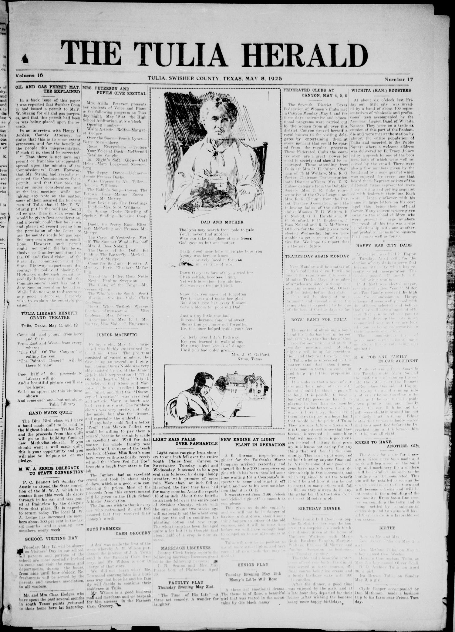 The Tulia Herald (Tulia, Tex), Vol. 16, No. 19, Ed. 1, Friday, May 8, 1925
                                                
                                                    1
                                                
