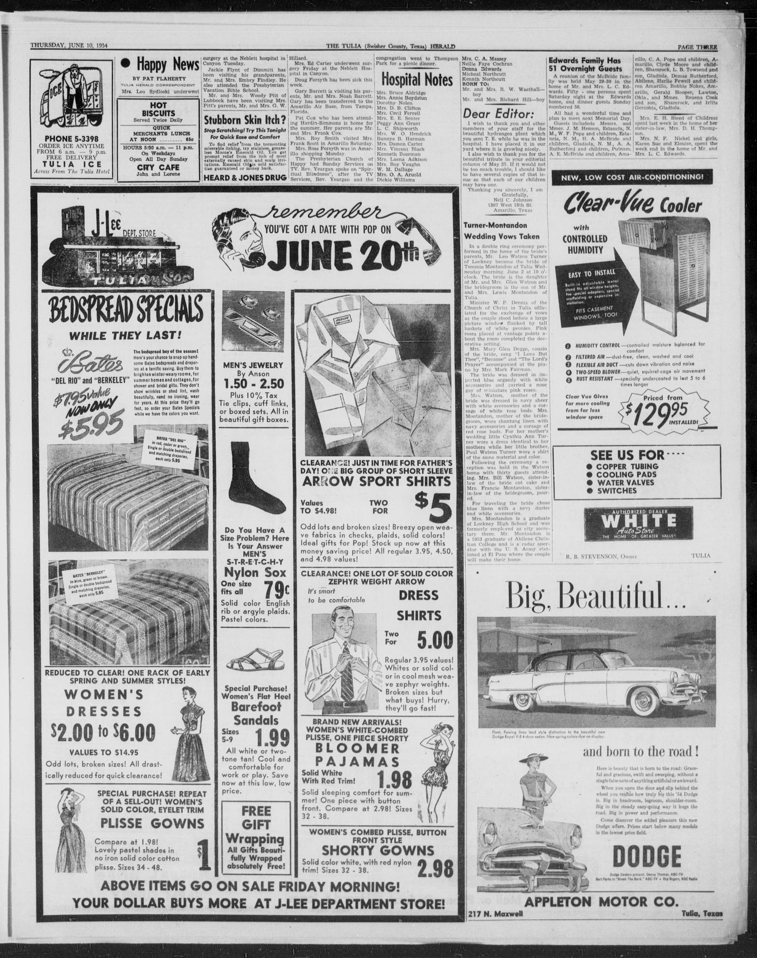The Tulia Herald (Tulia, Tex), Vol. 47, No. 23, Ed. 1, Thursday, June 10, 1954
                                                
                                                    3
                                                