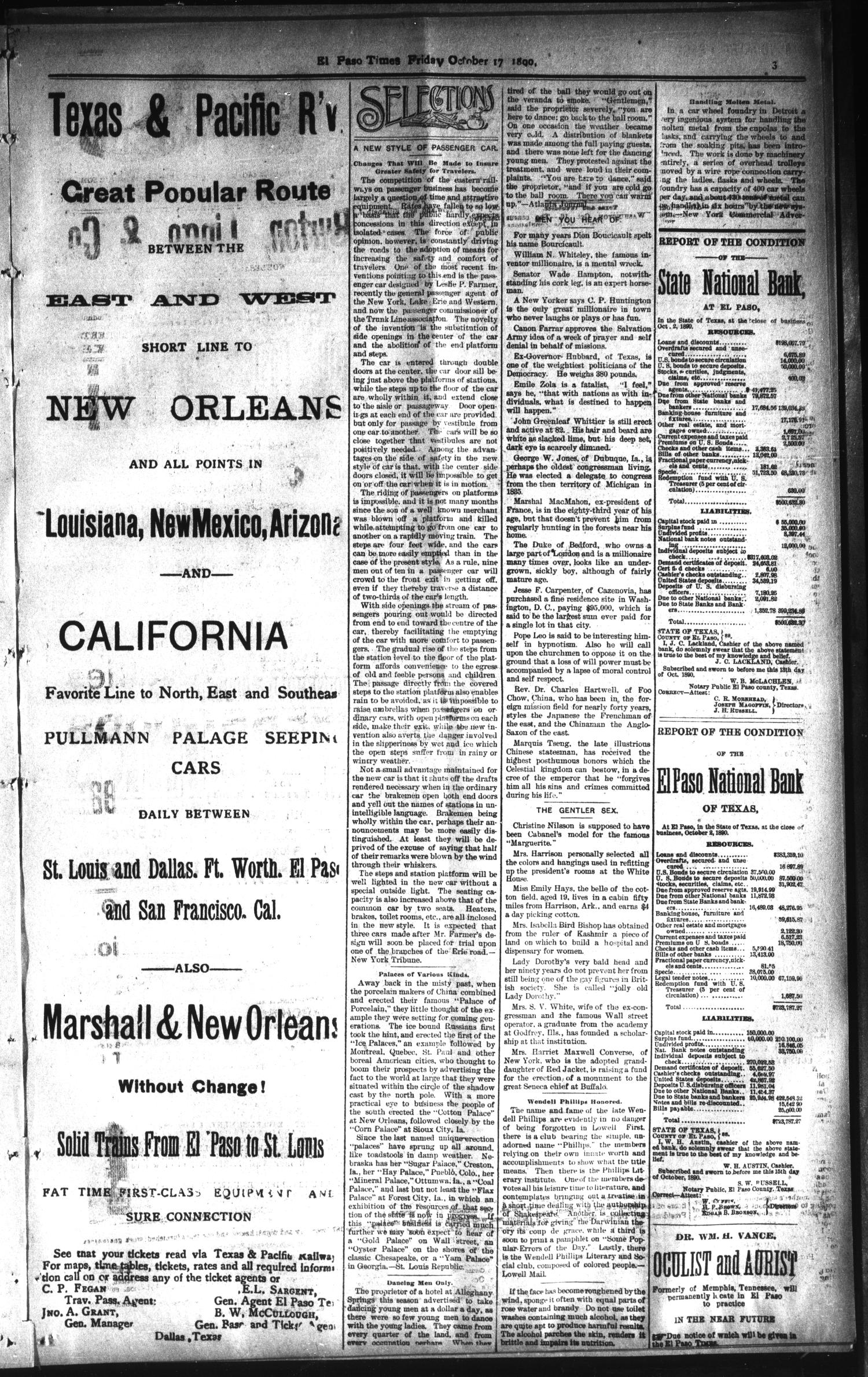 El Paso International Daily Times. (El Paso, Tex.), Vol. TENTH YEAR, No. 247, Ed. 1 Friday, October 17, 1890
                                                
                                                    [Sequence #]: 5 of 10
                                                