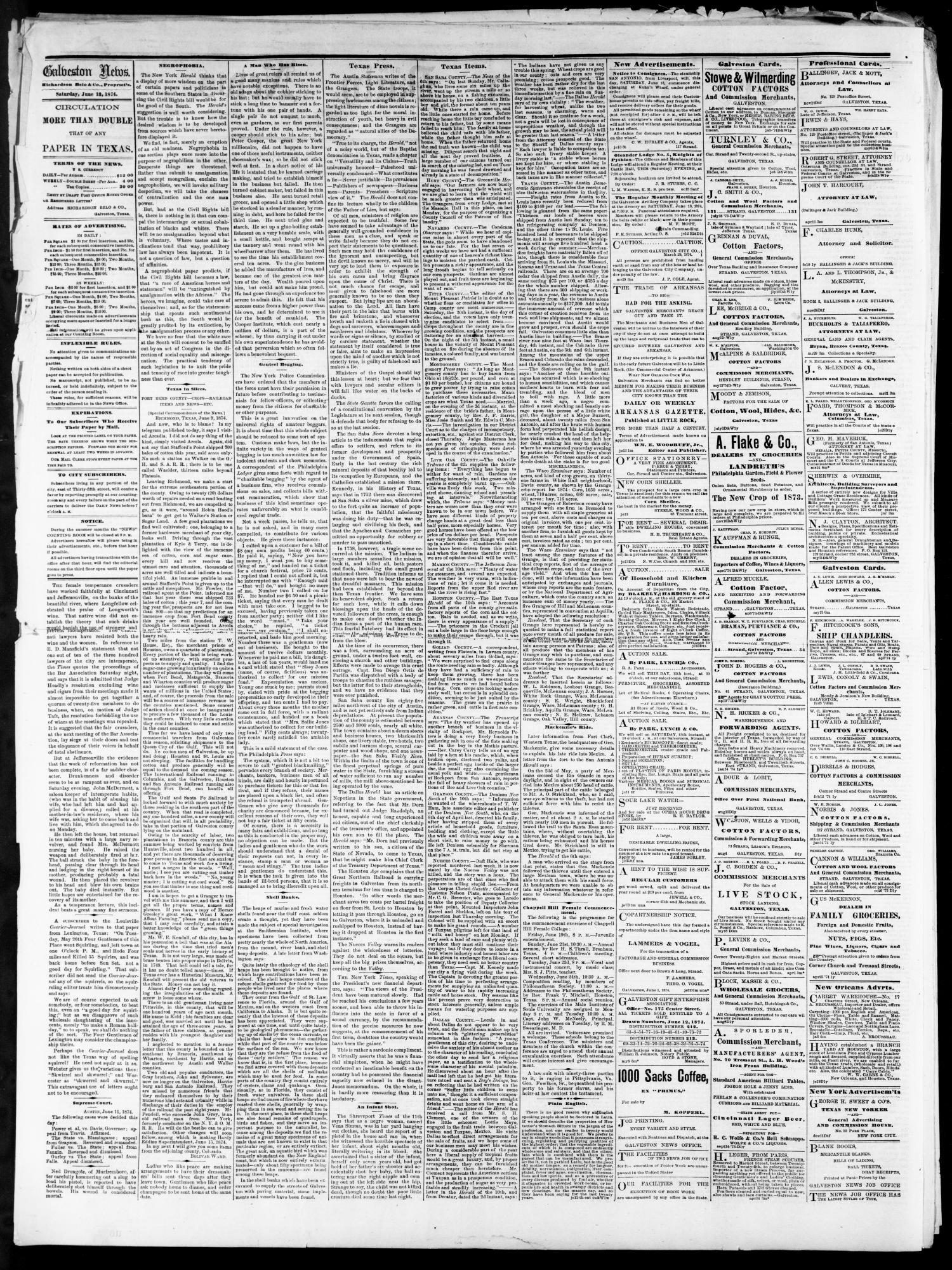 The Galveston Daily News. (Galveston, Tex.), Vol. 34, No. 136, Ed. 1 Saturday, June 13, 1874
                                                
                                                    [Sequence #]: 2 of 4
                                                