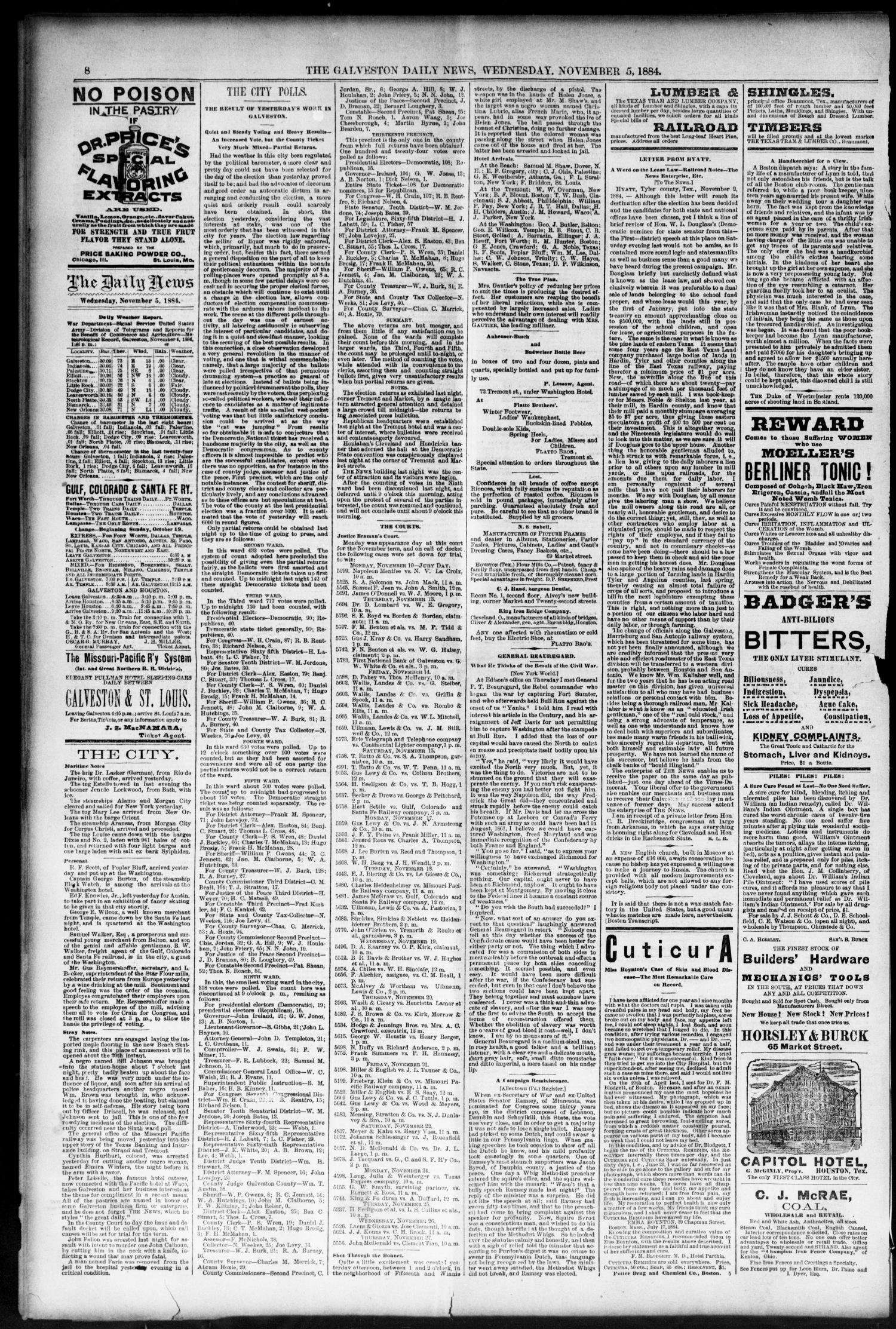 The Galveston Daily News. (Galveston, Tex.), Vol. 43, No. 196, Ed. 1 Wednesday, November 5, 1884
                                                
                                                    [Sequence #]: 8 of 8
                                                