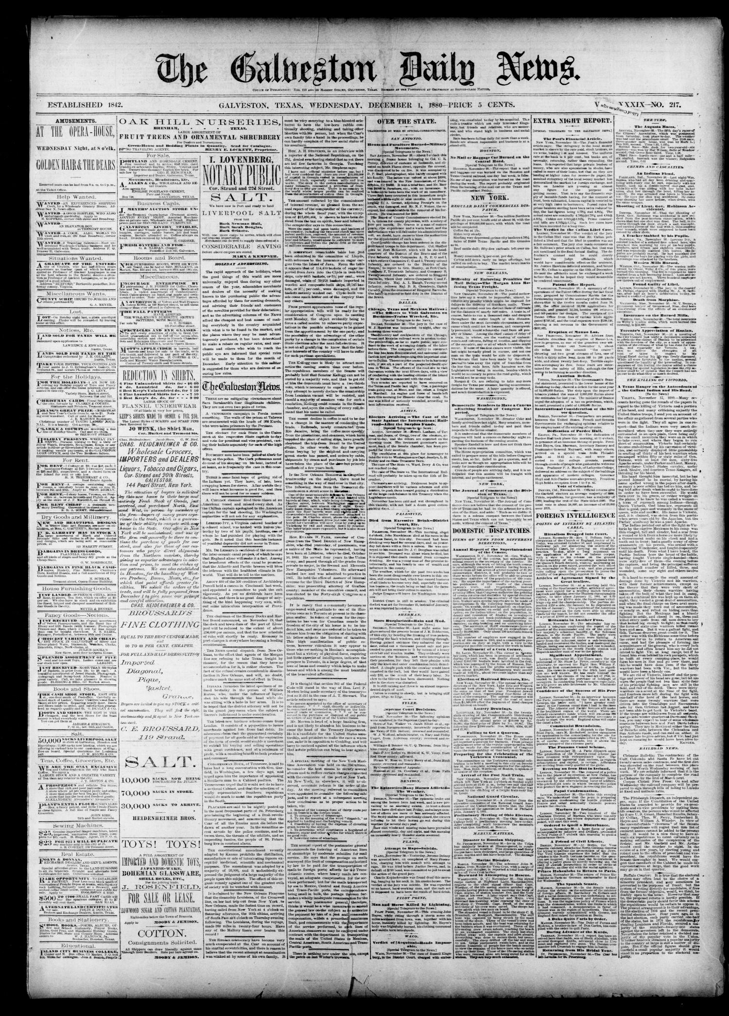 The Galveston Daily News. (Galveston, Tex.), Vol. 39, No. 217, Ed. 1 Wednesday, December 1, 1880
                                                
                                                    [Sequence #]: 1 of 4
                                                