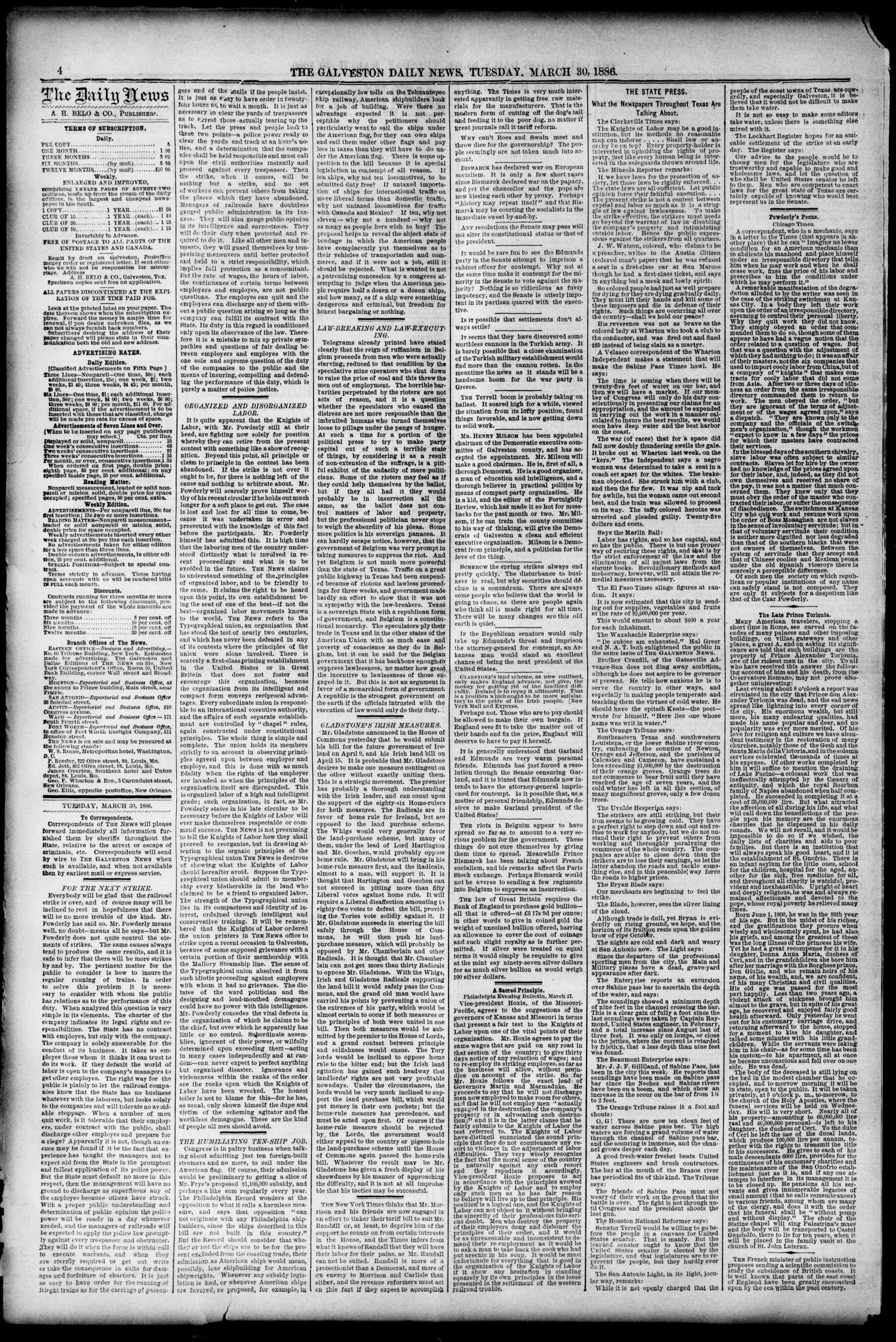 The Galveston Daily News. (Galveston, Tex.), Vol. 44, No. 347, Ed. 1 Tuesday, March 30, 1886
                                                
                                                    [Sequence #]: 4 of 8
                                                
