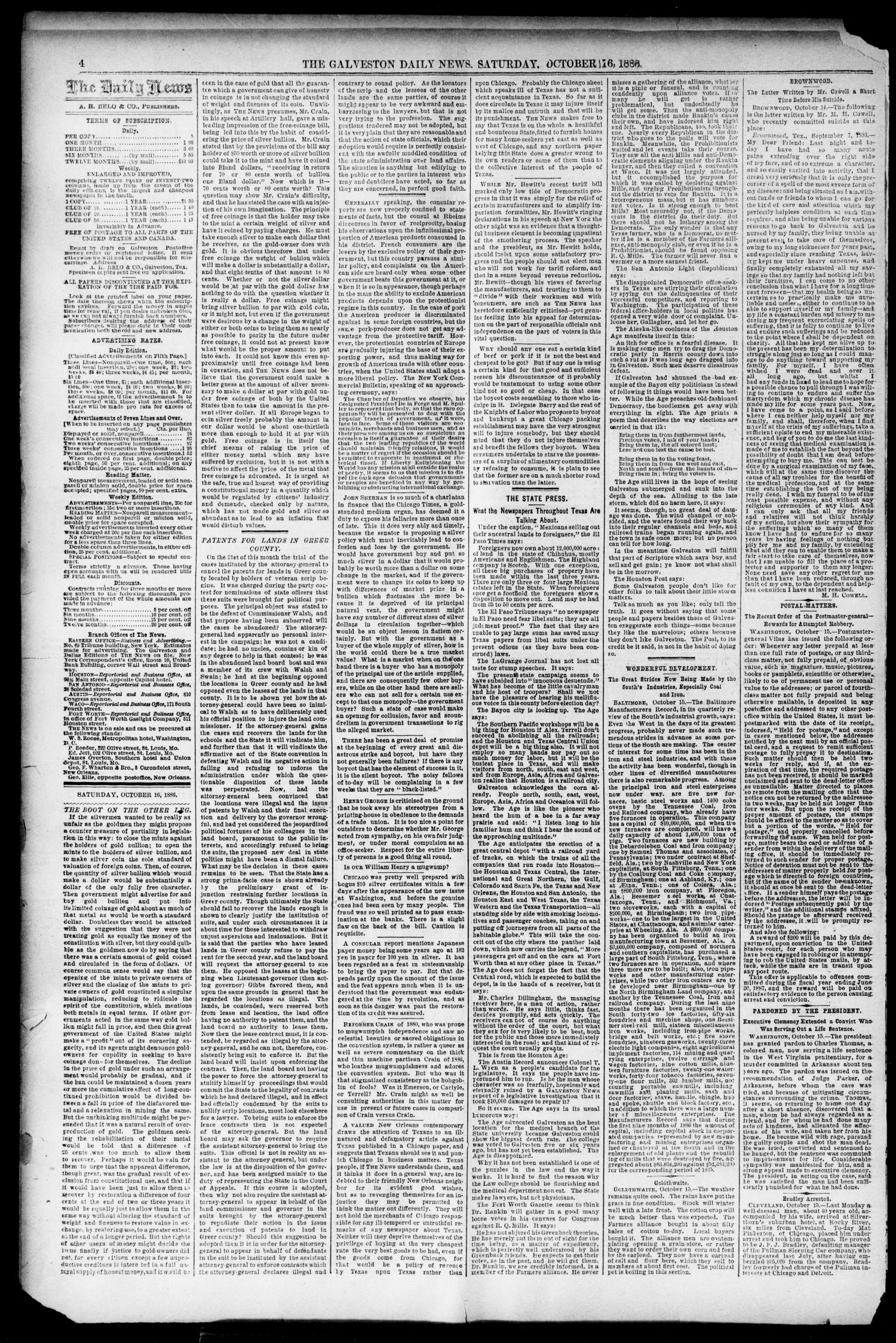 The Galveston Daily News. (Galveston, Tex.), Vol. 45, No. 173, Ed. 1 Saturday, October 16, 1886
                                                
                                                    [Sequence #]: 4 of 8
                                                