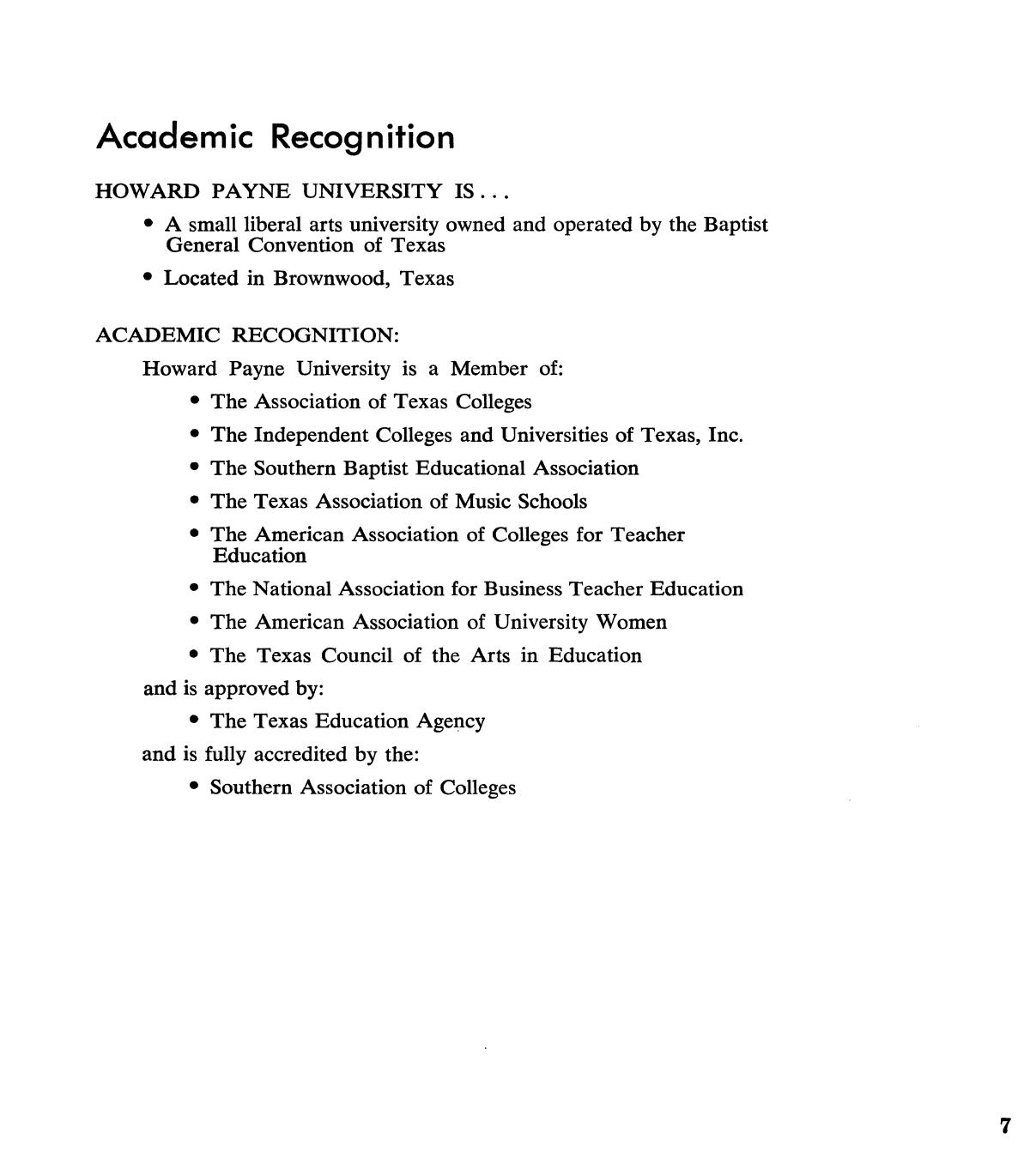 Catalogue of Howard Payne University, 1975-1976
                                                
                                                    7
                                                