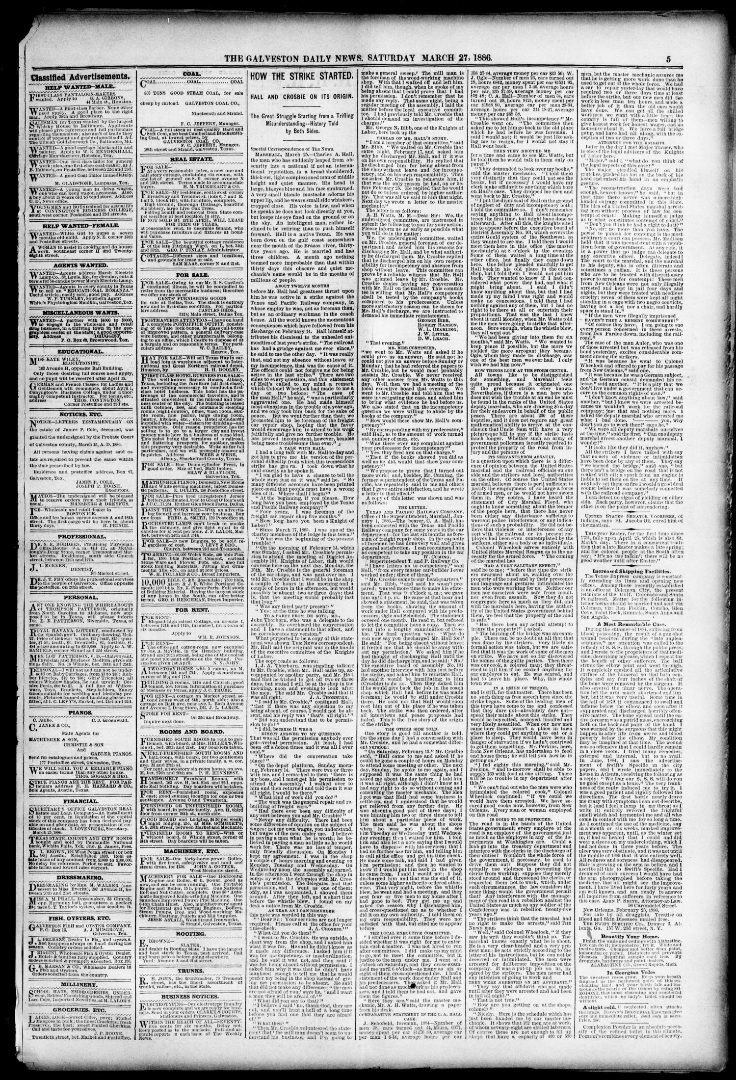 The Galveston Daily News. (Galveston, Tex.), Vol. 44, No. 344, Ed. 1 Saturday, March 27, 1886
                                                
                                                    [Sequence #]: 5 of 8
                                                