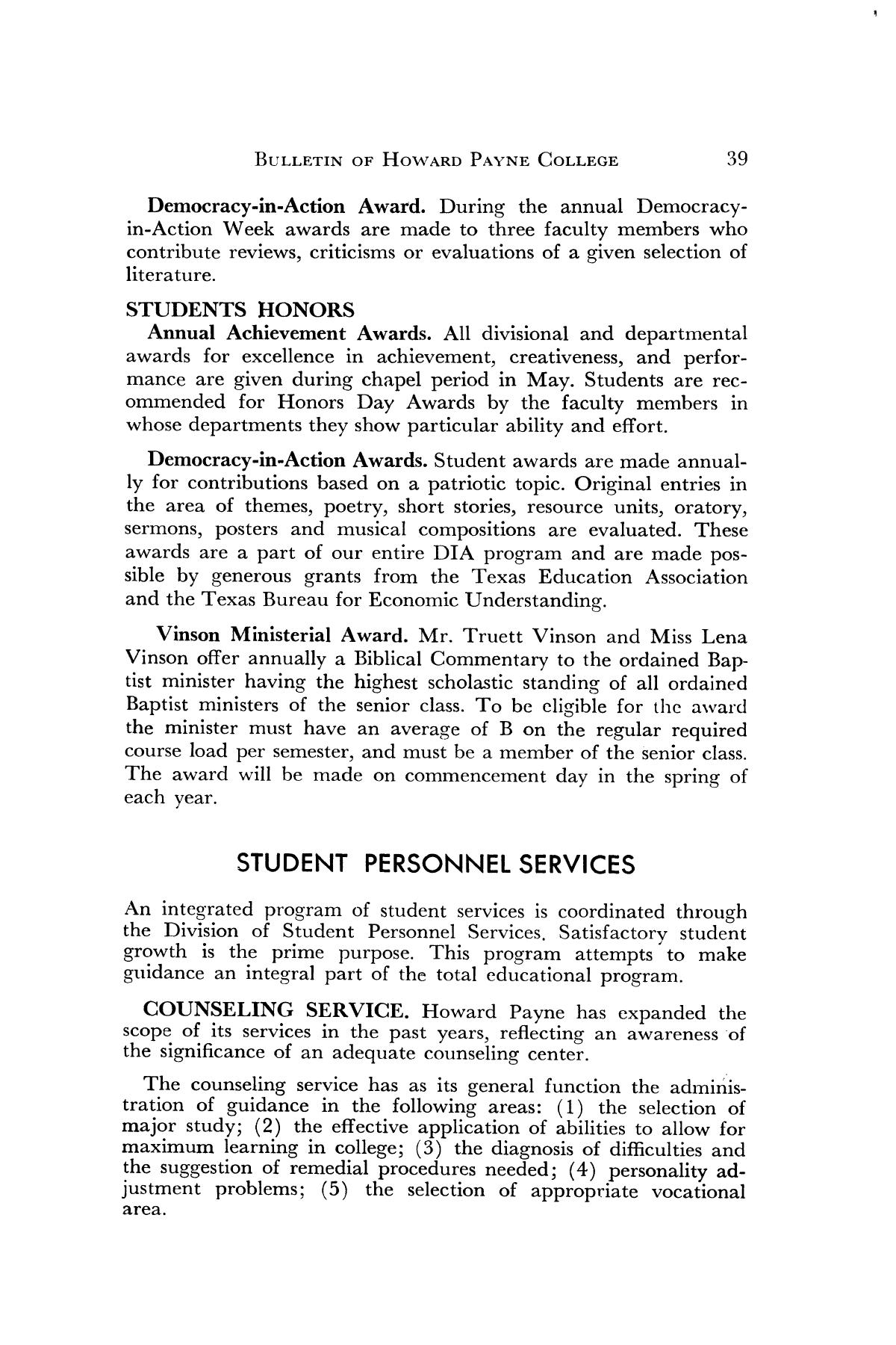 Catalog of Howard Payne College, 1960-1961
                                                
                                                    39
                                                