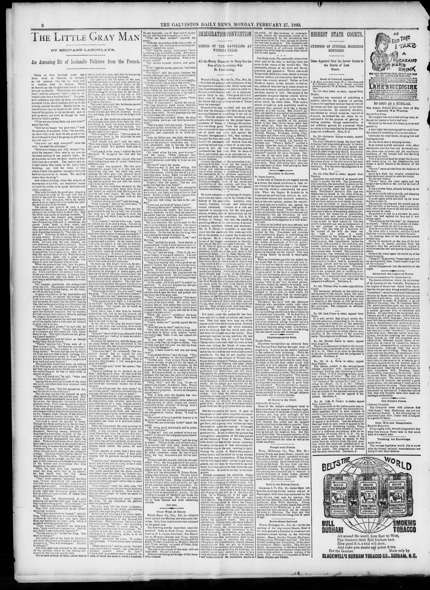 The Galveston Daily News. (Galveston, Tex.), Vol. 51, No. 340, Ed. 1 Monday, February 27, 1893
                                                
                                                    [Sequence #]: 6 of 8
                                                