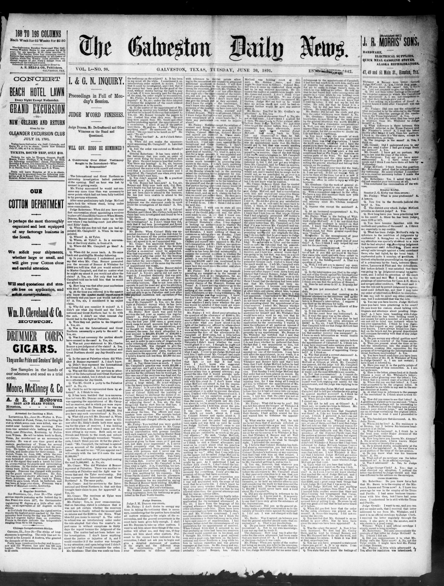 The Galveston Daily News. (Galveston, Tex.), Vol. 50, No. 98, Ed. 1 Tuesday, June 30, 1891
                                                
                                                    [Sequence #]: 1 of 8
                                                