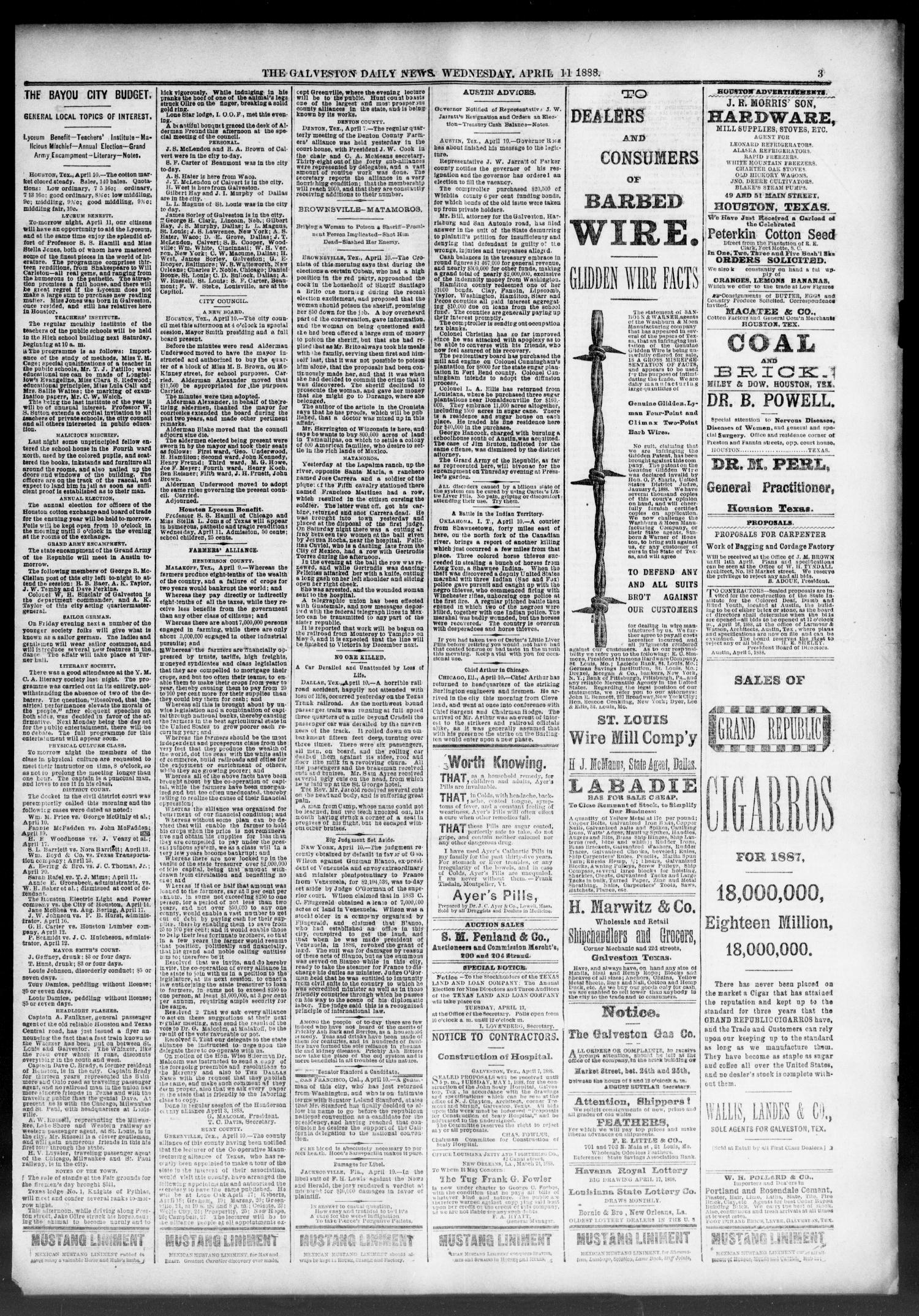 The Galveston Daily News. (Galveston, Tex.), Vol. 46, No. 351, Ed. 1 Wednesday, April 11, 1888
                                                
                                                    [Sequence #]: 3 of 8
                                                