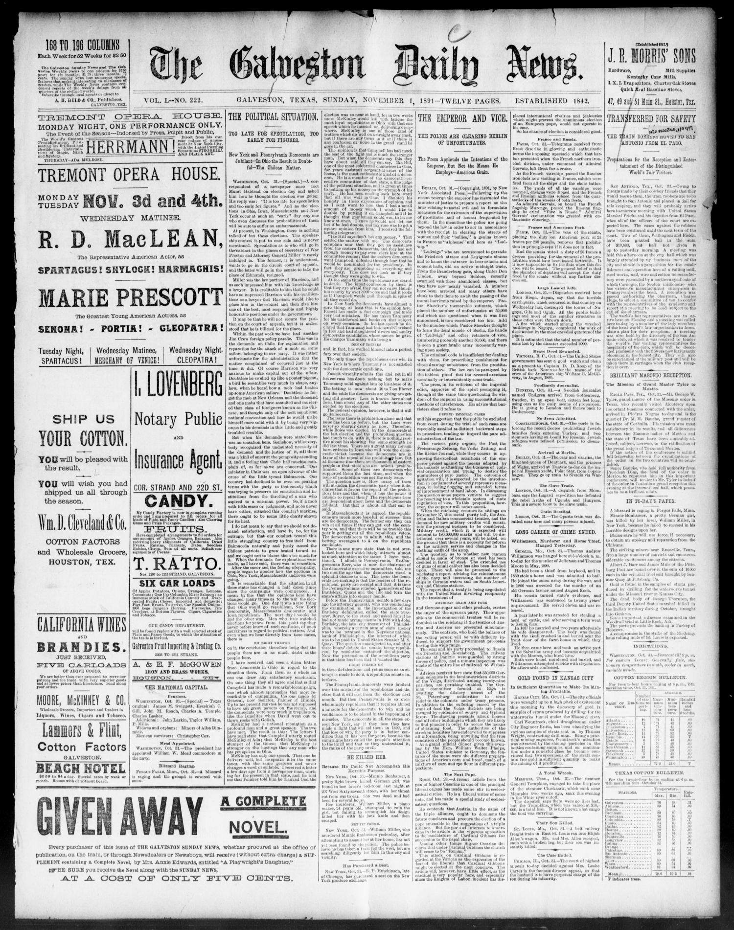 The Galveston Daily News. (Galveston, Tex.), Vol. 50, No. 222, Ed. 1 Sunday, November 1, 1891
                                                
                                                    [Sequence #]: 1 of 12
                                                