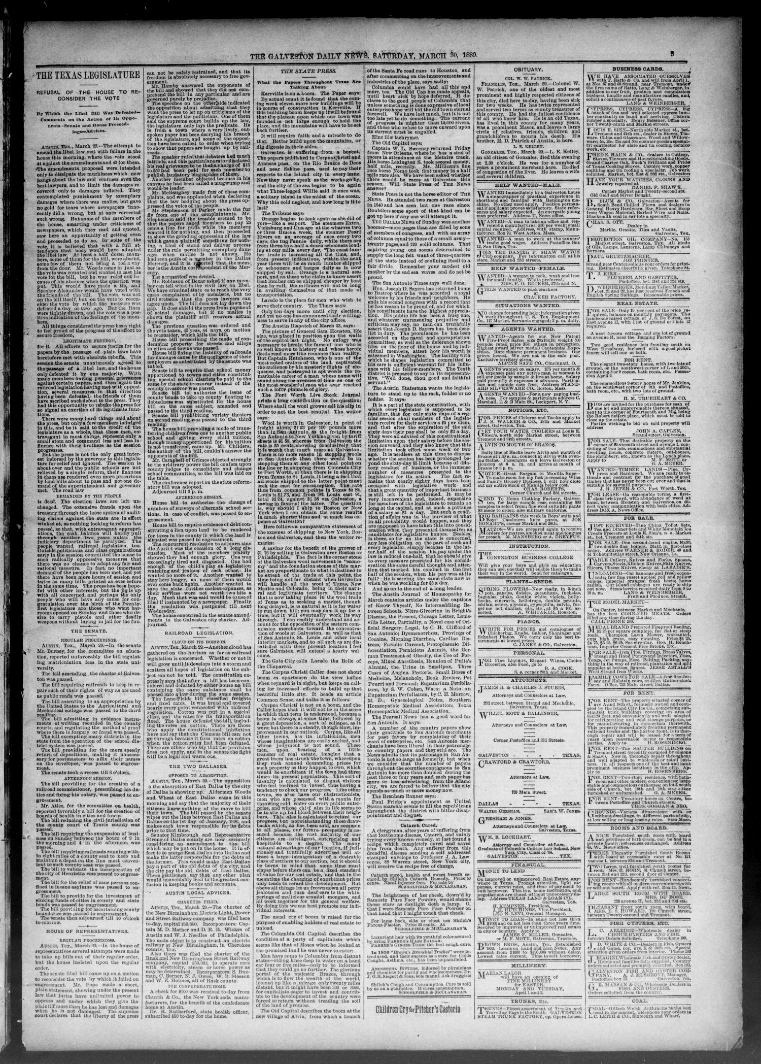 The Galveston Daily News. (Galveston, Tex.), Vol. 47, No. 337, Ed. 1 Saturday, March 30, 1889
                                                
                                                    [Sequence #]: 5 of 8
                                                