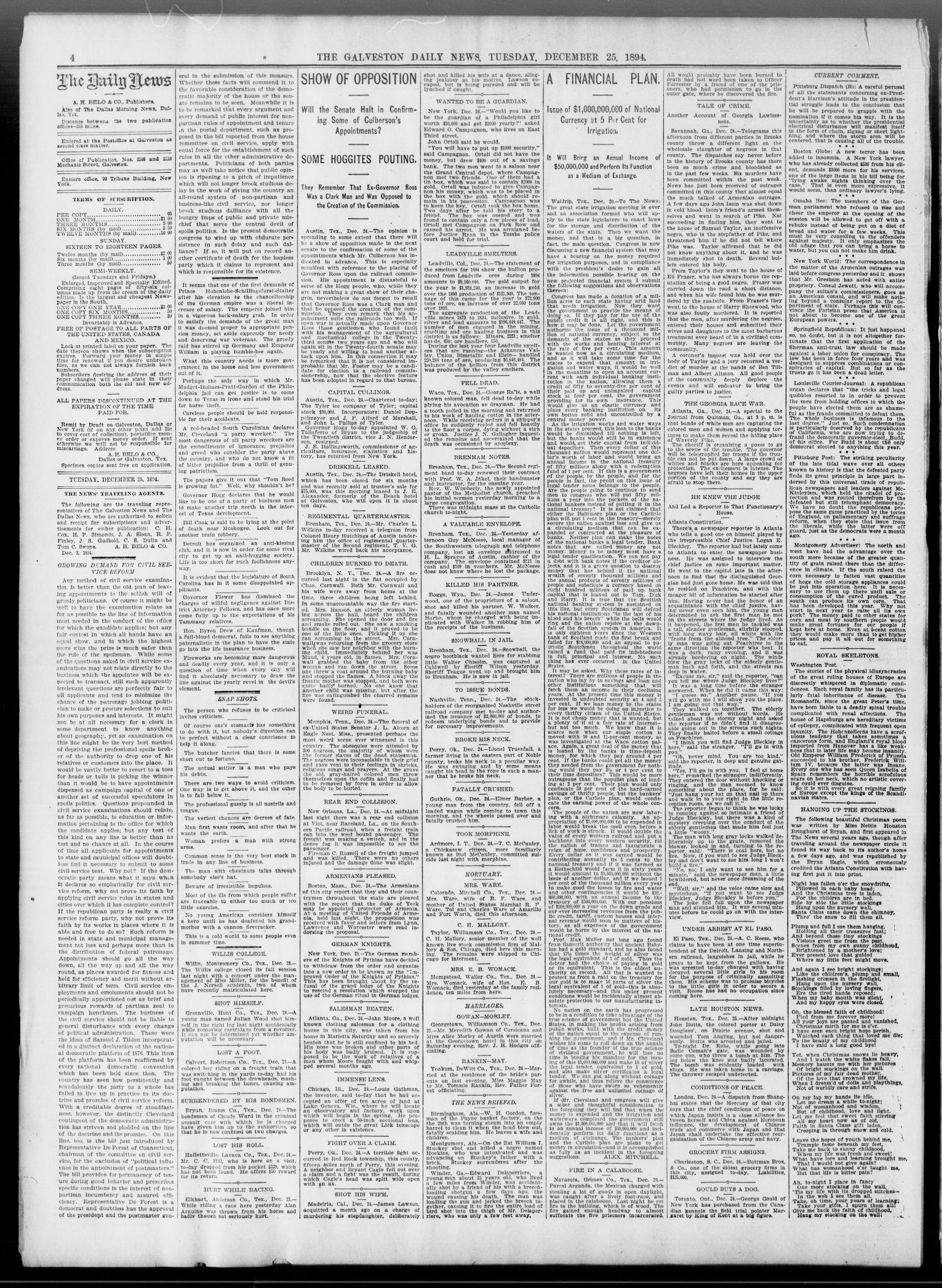 The Galveston Daily News. (Galveston, Tex.), Vol. 53, No. 277, Ed. 1 Tuesday, December 25, 1894
                                                
                                                    [Sequence #]: 4 of 8
                                                