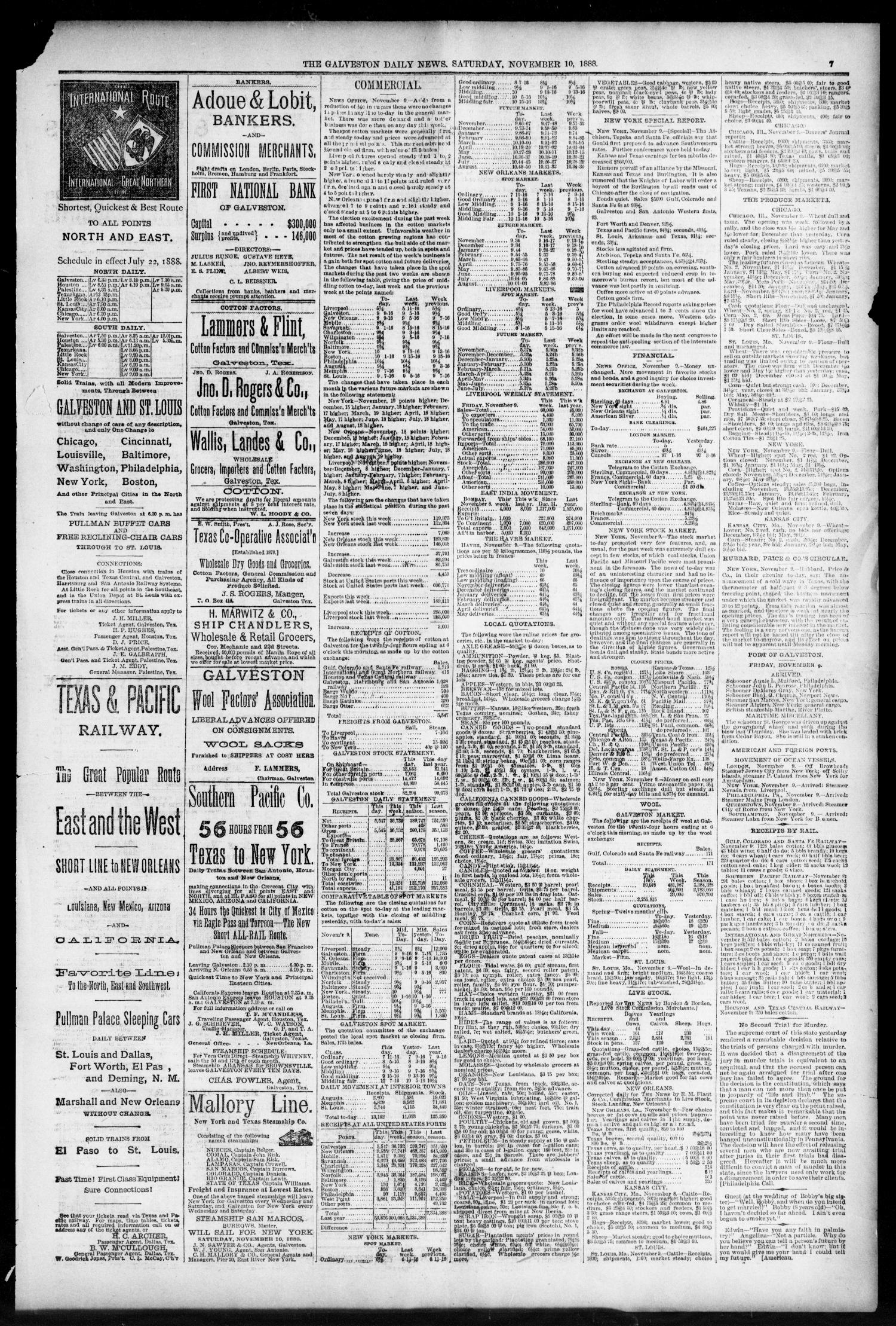 The Galveston Daily News. (Galveston, Tex.), Vol. 47, No. 197, Ed. 1 Saturday, November 10, 1888
                                                
                                                    [Sequence #]: 7 of 8
                                                