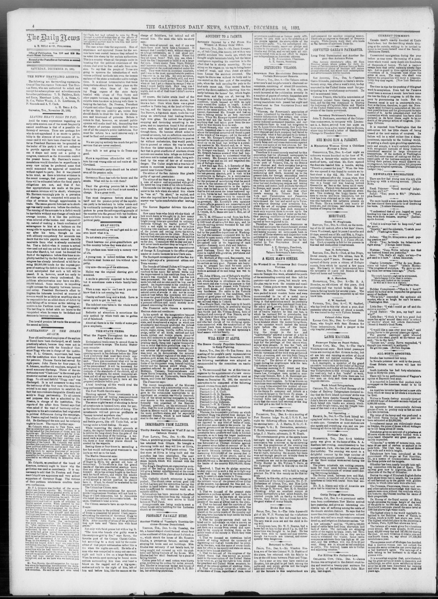 The Galveston Daily News. (Galveston, Tex.), Vol. 51, No. 261, Ed. 1 Saturday, December 10, 1892
                                                
                                                    [Sequence #]: 4 of 8
                                                