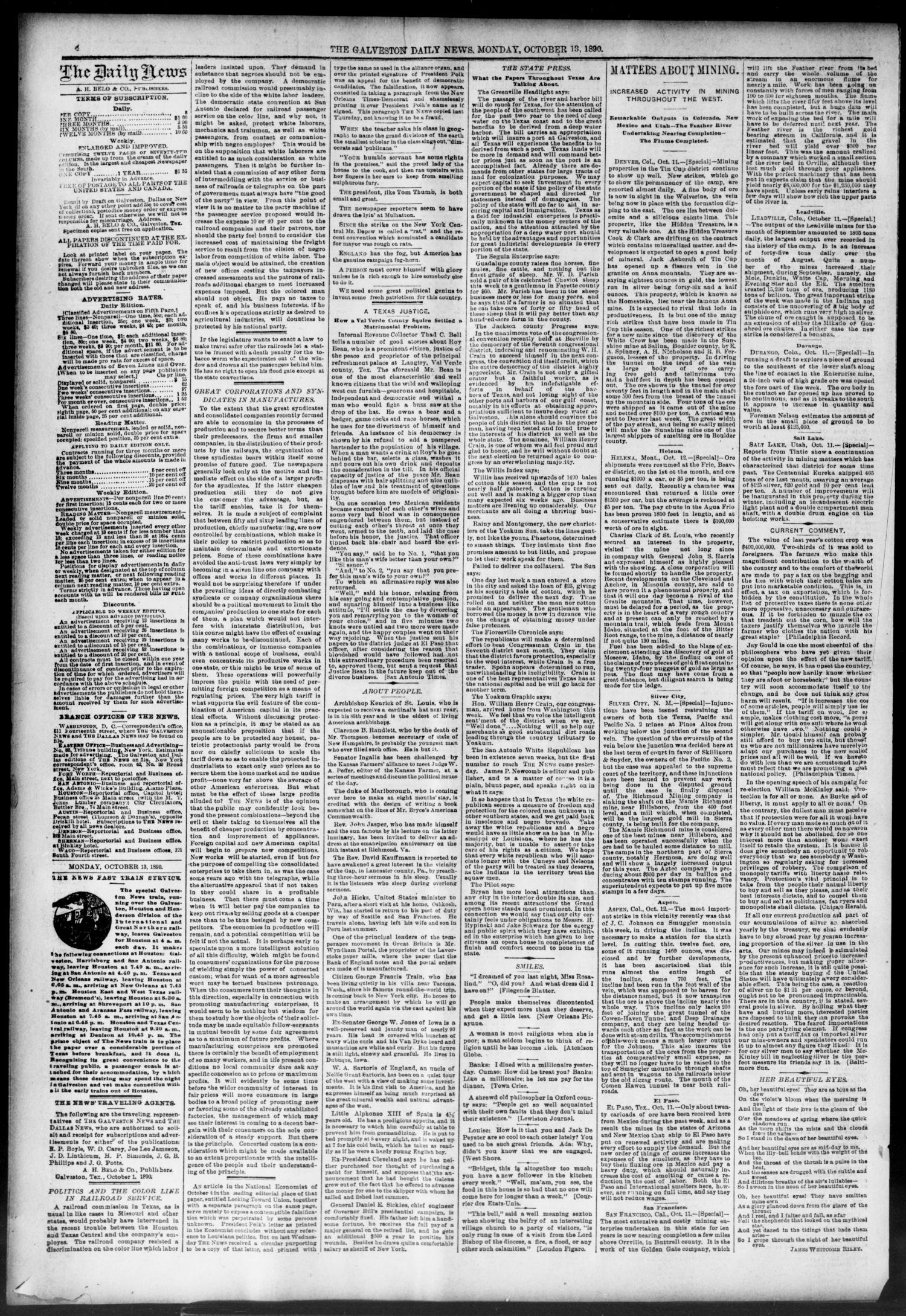 The Galveston Daily News. (Galveston, Tex.), Vol. 49, No. 167, Ed. 1 Monday, October 13, 1890
                                                
                                                    [Sequence #]: 4 of 8
                                                