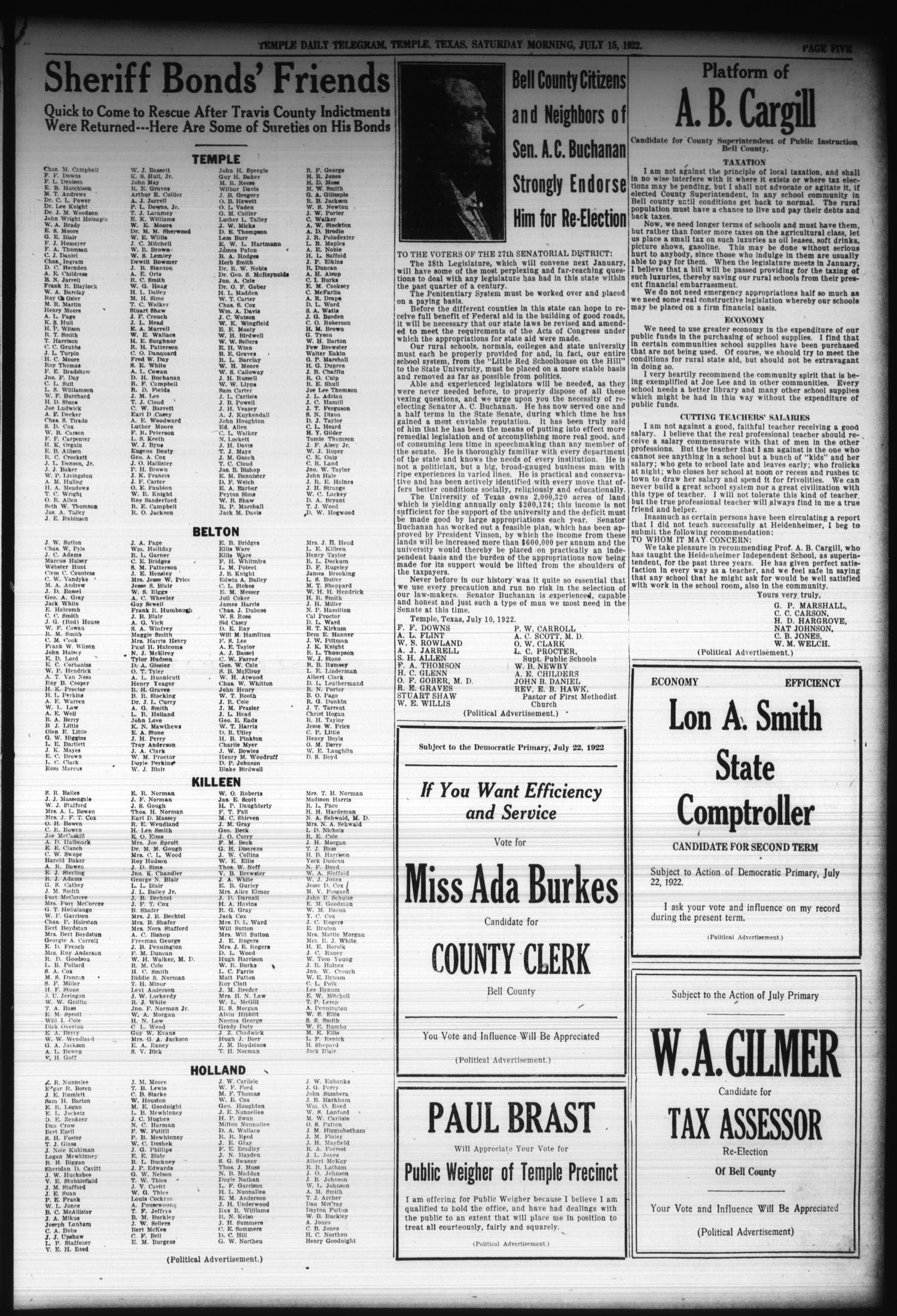 Temple Daily Telegram Temple Tex Vol 15 No 5 Ed 1 Saturday July 15 1922 Page 5 Of 8 The Portal To Texas History