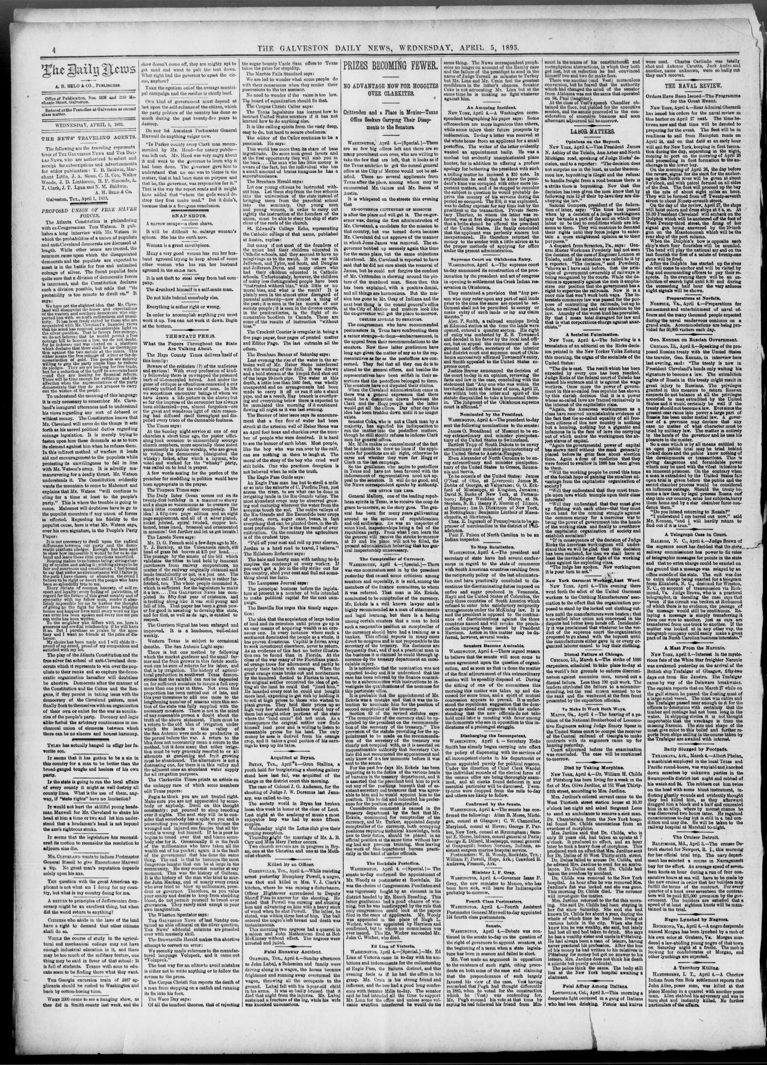 The Galveston Daily News. (Galveston, Tex.), Vol. 52, No. 12, Ed. 1 Wednesday, April 5, 1893
                                                
                                                    [Sequence #]: 4 of 8
                                                