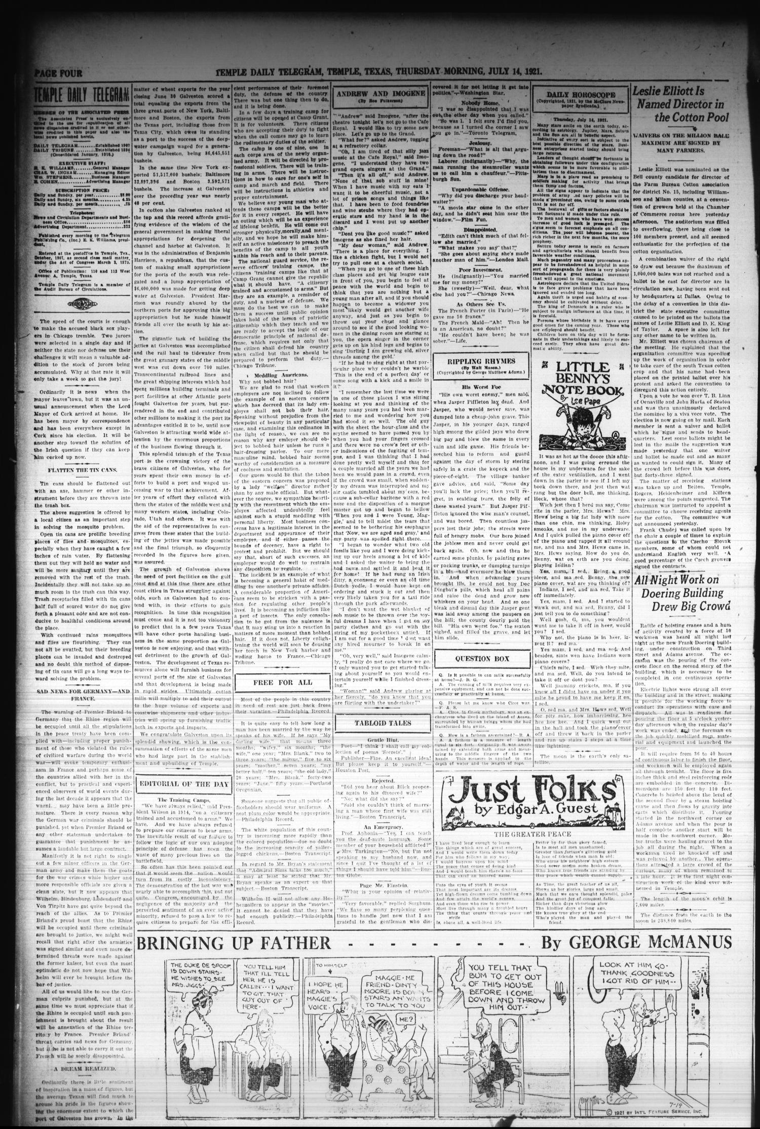 Temple Daily Telegram (Temple, Tex.), Vol. 14, No. 238, Ed. 1 Thursday, July 14, 1921
                                                
                                                    [Sequence #]: 4 of 12
                                                