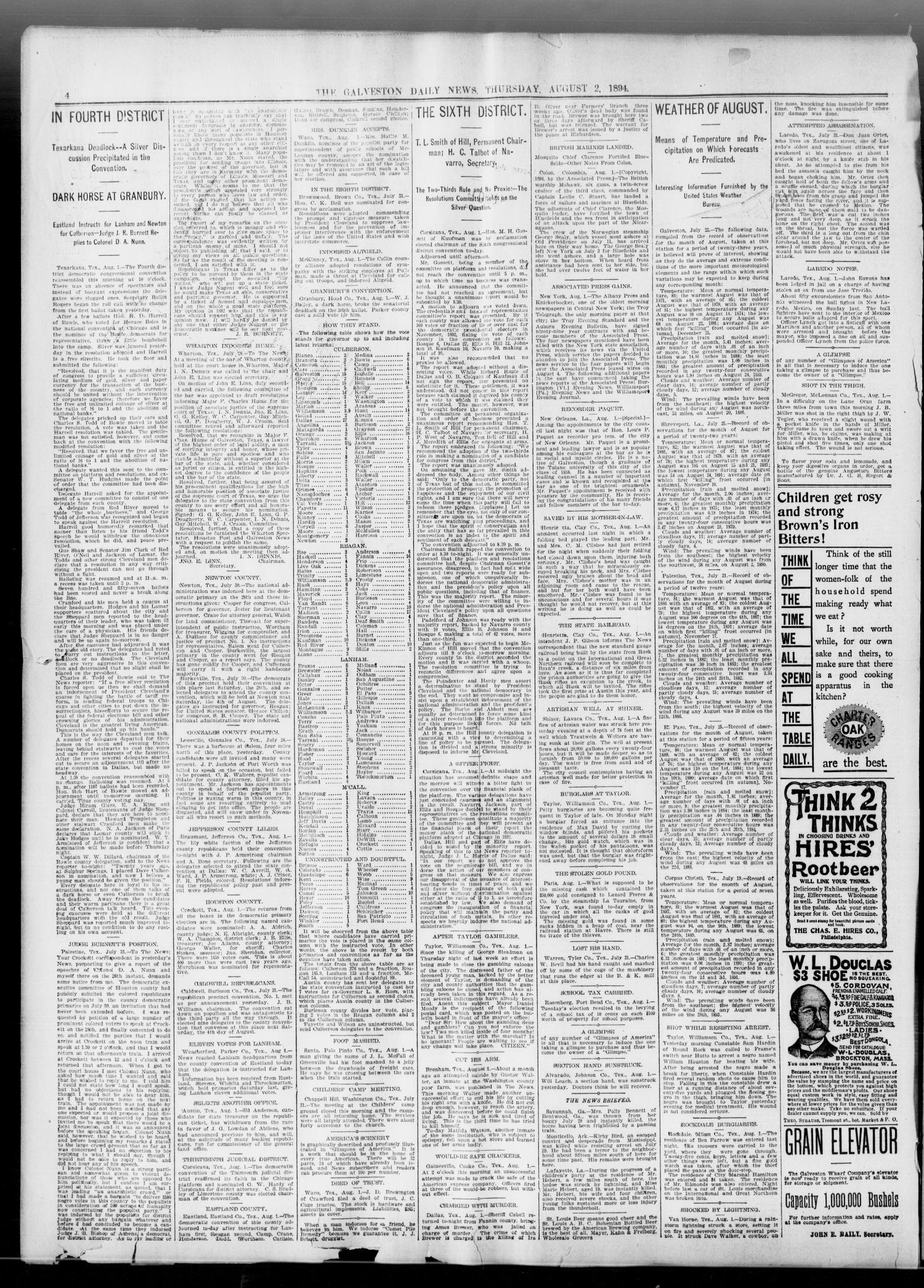 The Galveston Daily News. (Galveston, Tex.), Vol. 53, No. 132, Ed. 1 Thursday, August 2, 1894
                                                
                                                    [Sequence #]: 4 of 10
                                                