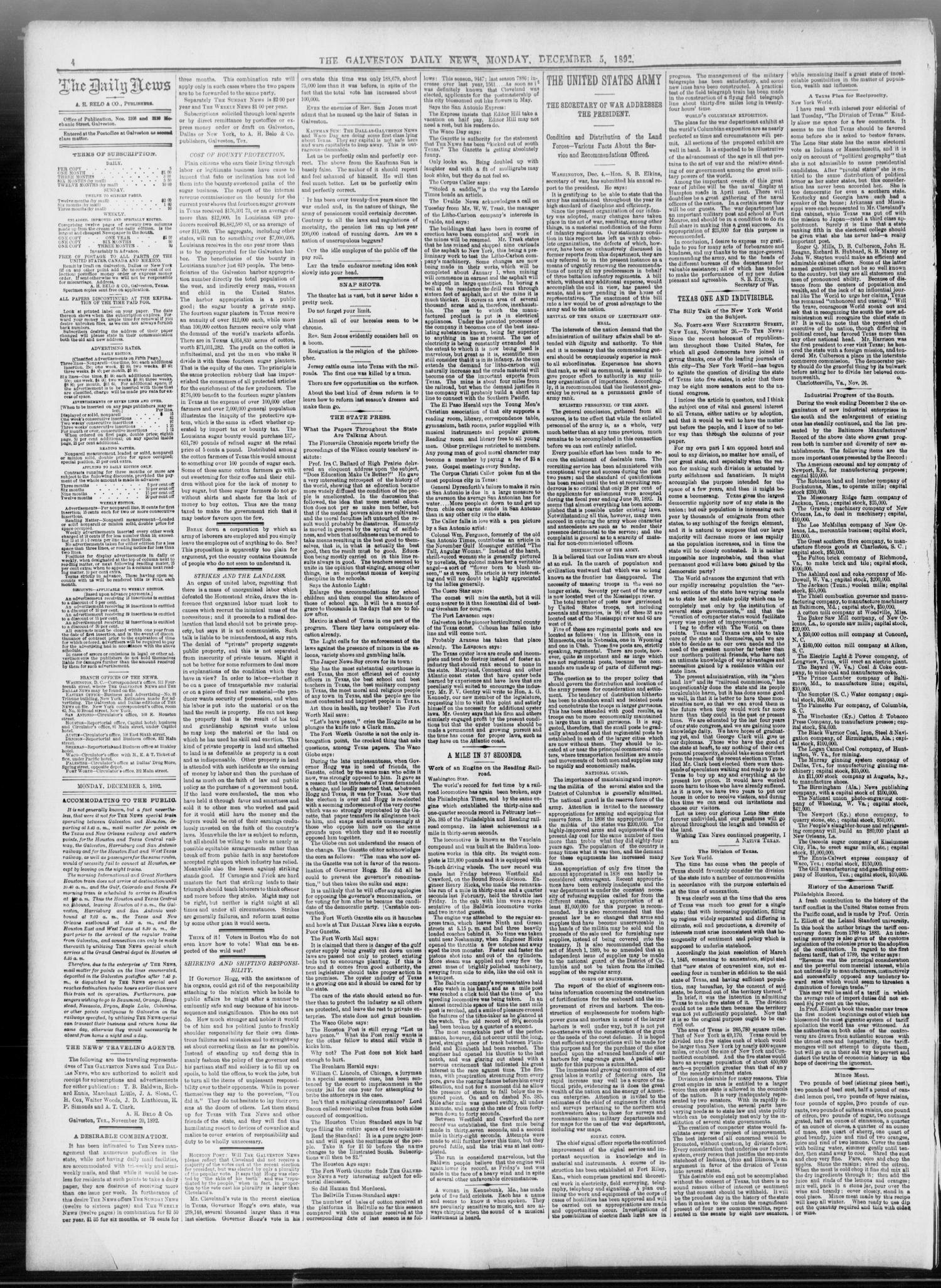 The Galveston Daily News. (Galveston, Tex.), Vol. 51, No. 256, Ed. 1 Monday, December 5, 1892
                                                
                                                    [Sequence #]: 4 of 8
                                                