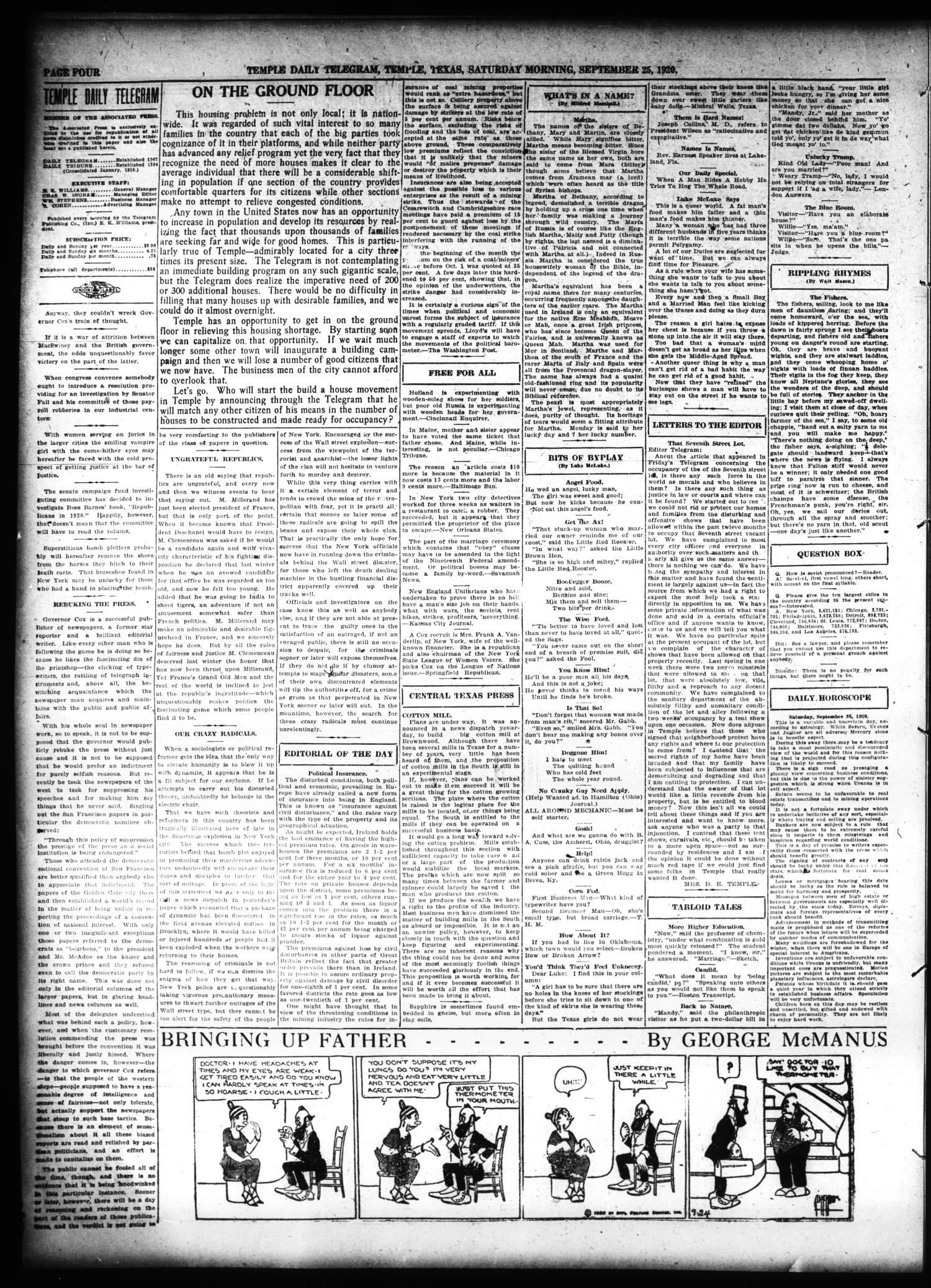 Temple Daily Telegram (Temple, Tex.), Vol. 13, No. 311, Ed. 1 Saturday, September 25, 1920
                                                
                                                    [Sequence #]: 4 of 8
                                                