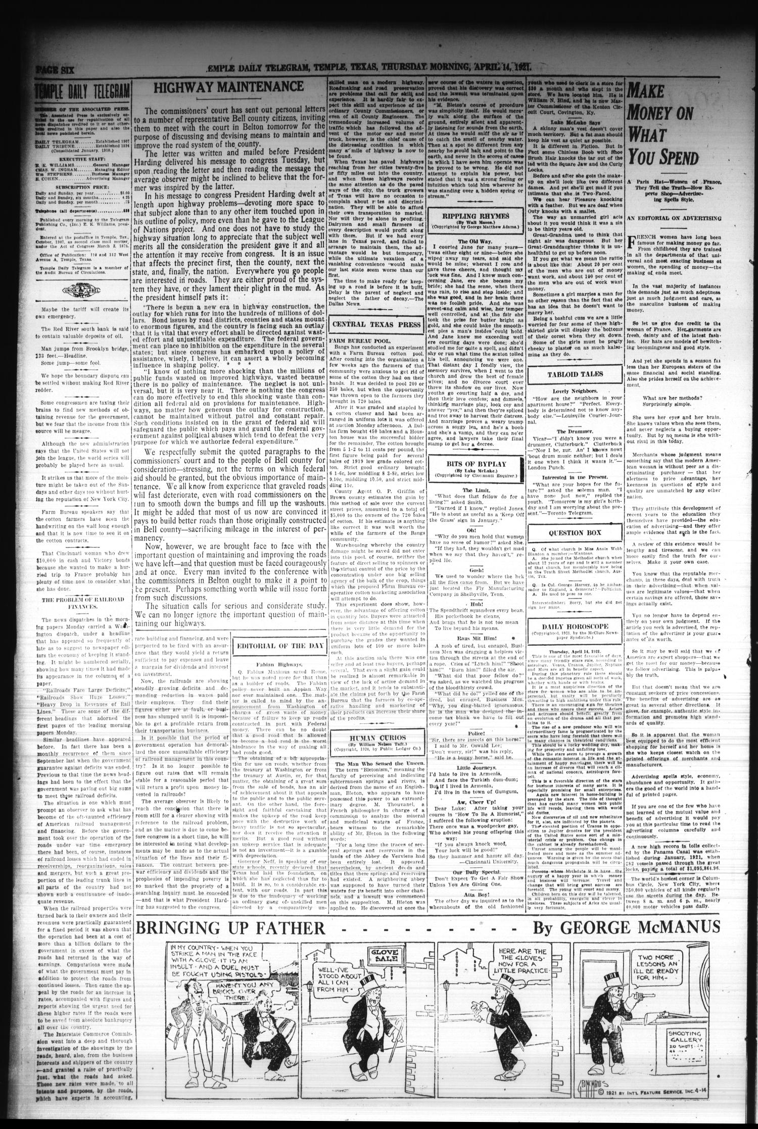Temple Daily Telegram (Temple, Tex.), Vol. 14, No. 147, Ed. 1 Thursday, April 14, 1921
                                                
                                                    [Sequence #]: 6 of 10
                                                
