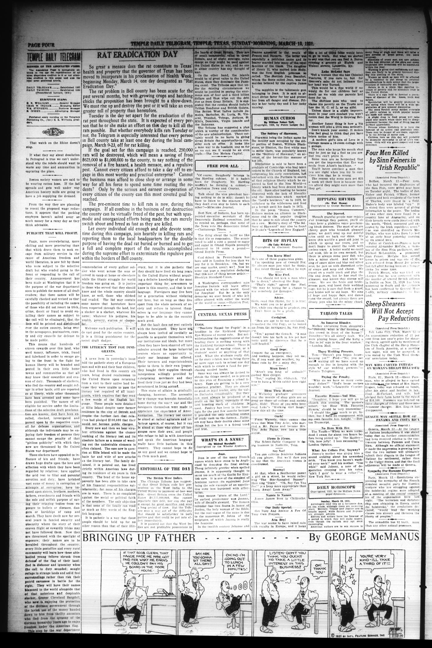 Temple Daily Telegram (Temple, Tex.), Vol. 14, No. 115, Ed. 1 Sunday, March 13, 1921
                                                
                                                    [Sequence #]: 12 of 18
                                                
