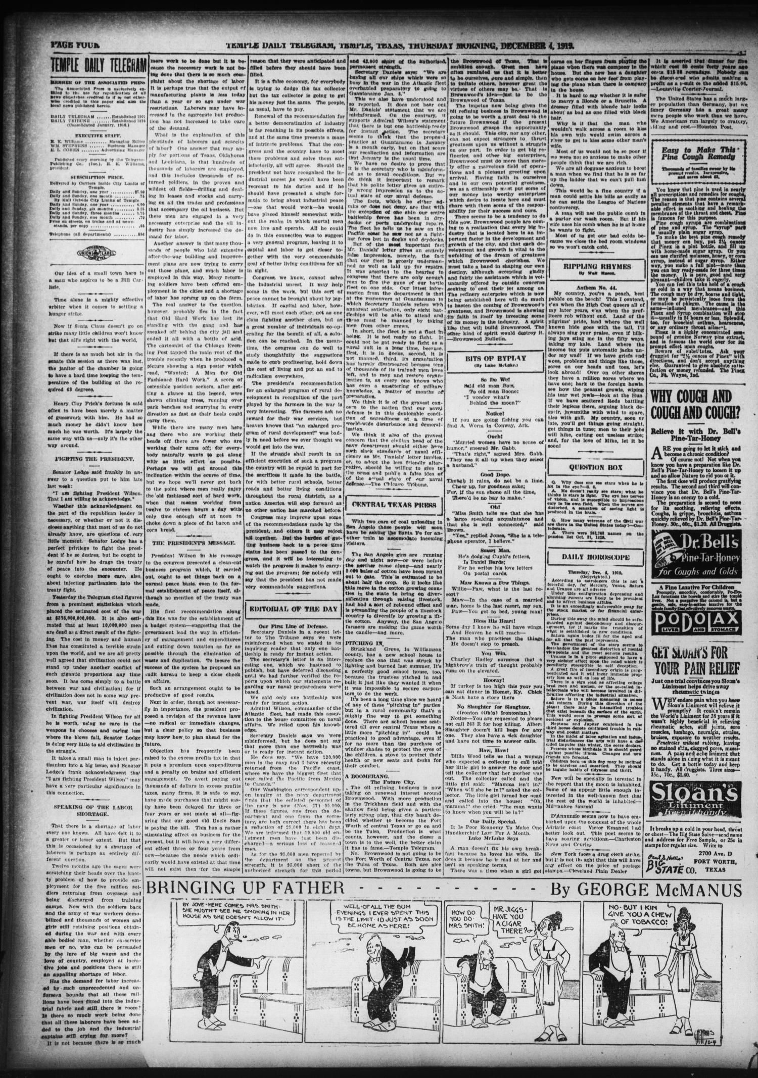 Temple Daily Telegram (Temple, Tex.), Vol. 13, No. 16, Ed. 1 Thursday, December 4, 1919
                                                
                                                    [Sequence #]: 4 of 10
                                                