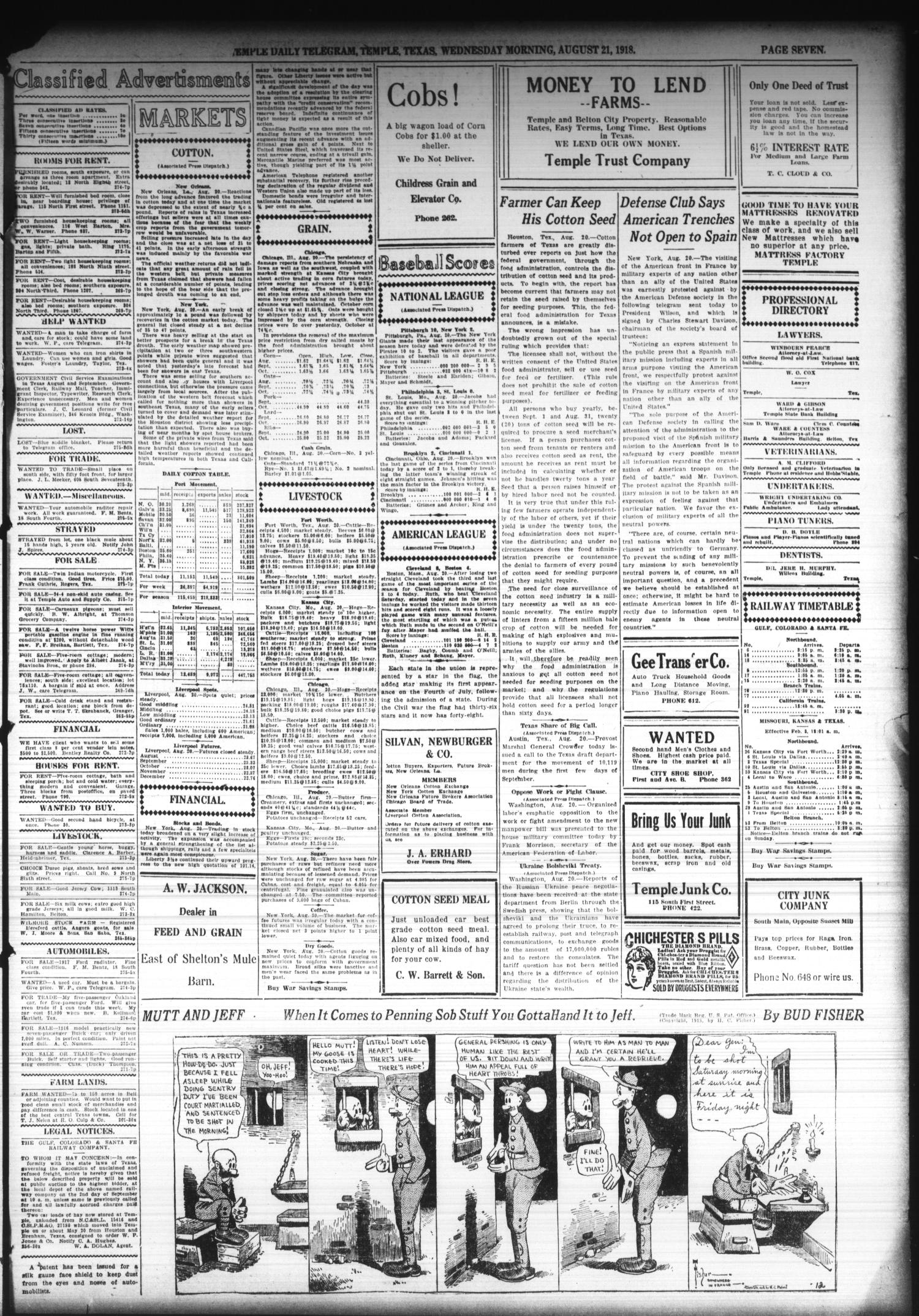 Temple Daily Telegram (Temple, Tex.), Vol. 11, No. 275, Ed. 1 Wednesday, August 21, 1918
                                                
                                                    [Sequence #]: 7 of 8
                                                