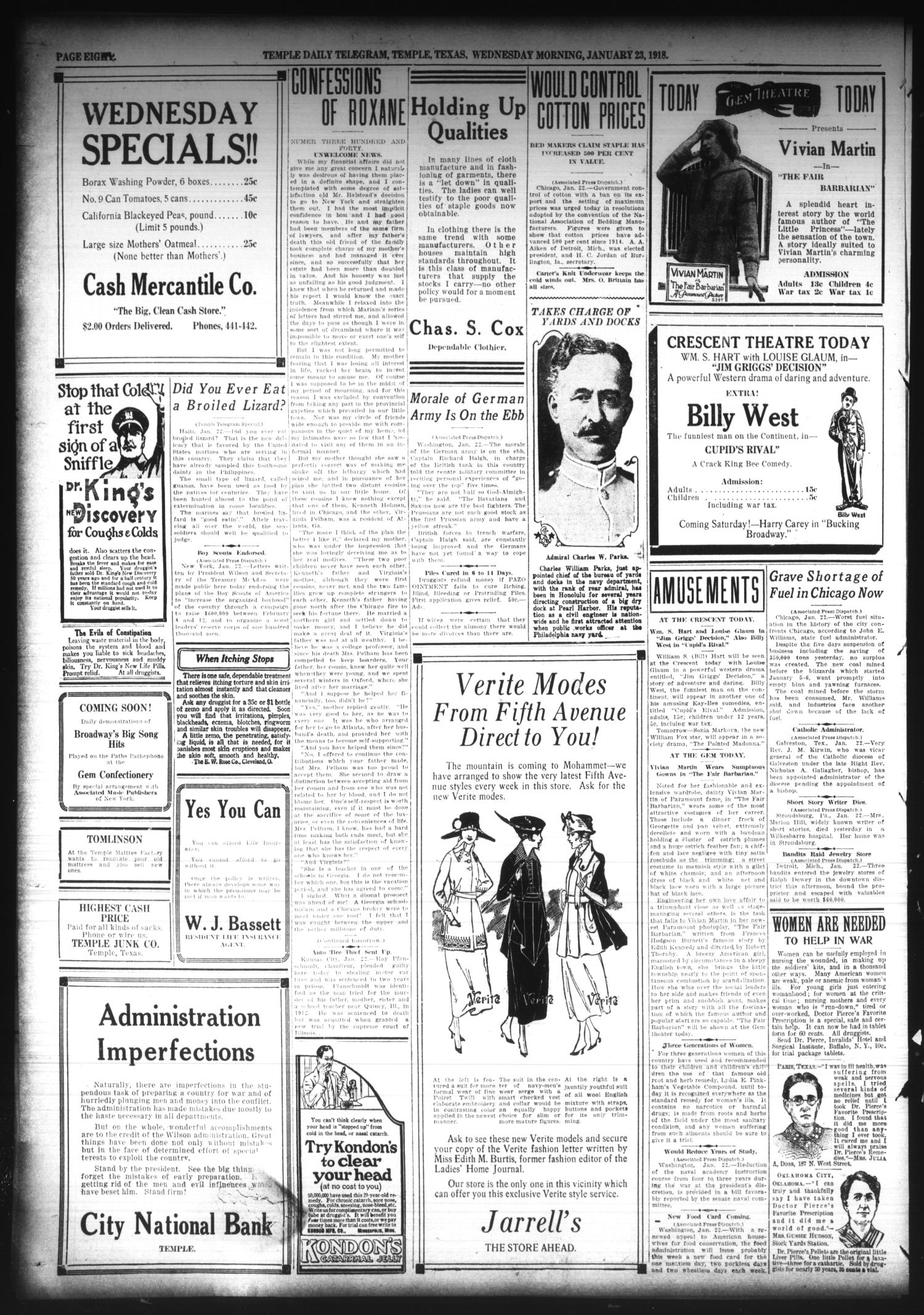 Temple Daily Telegram (Temple, Tex.), Vol. 11, No. 65, Ed. 1 Wednesday, January 23, 1918
                                                
                                                    [Sequence #]: 8 of 8
                                                