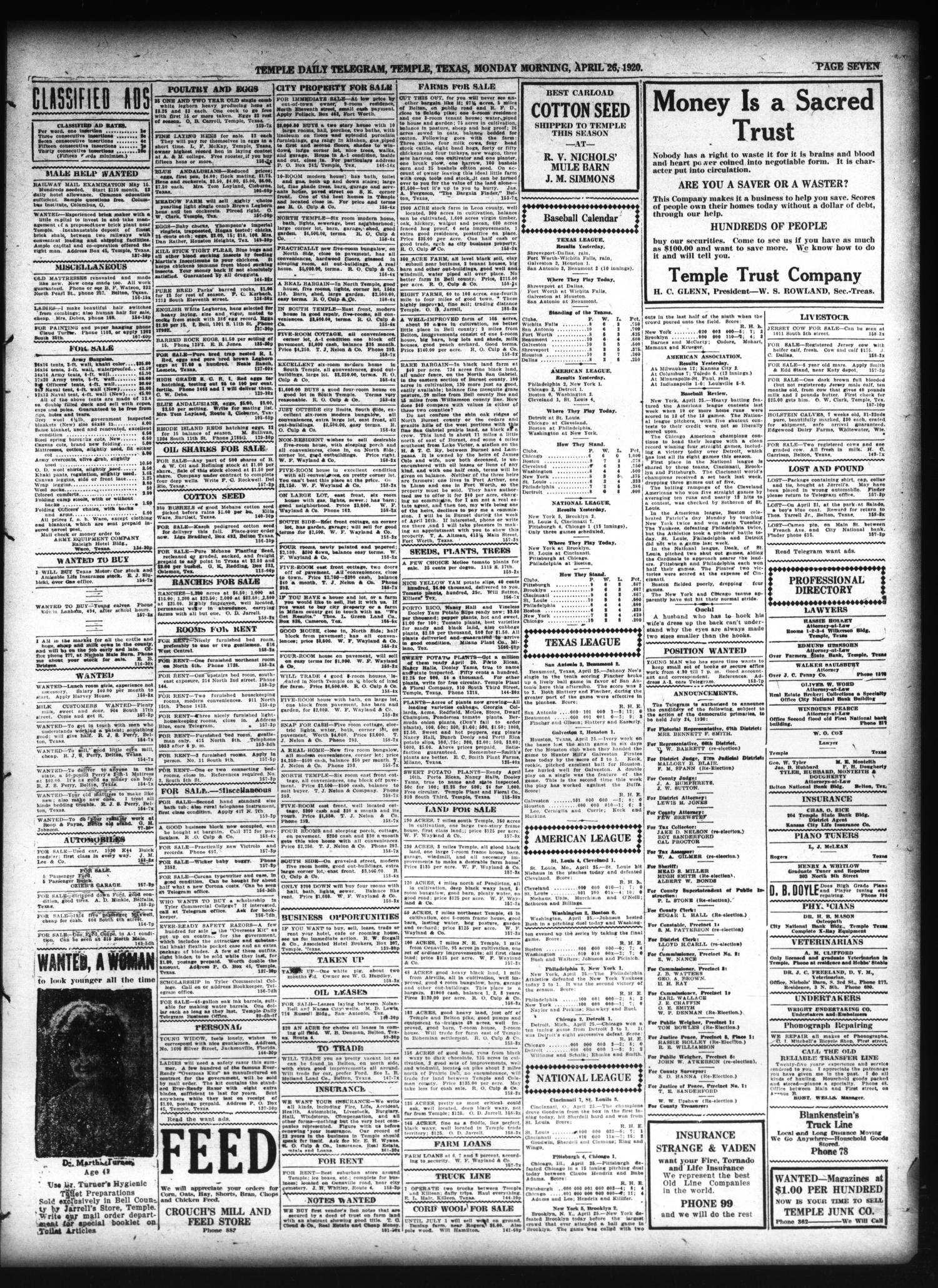 Temple Daily Telegram (Temple, Tex.), Vol. 13, No. 159, Ed. 1 Monday, April 26, 1920
                                                
                                                    [Sequence #]: 7 of 8
                                                