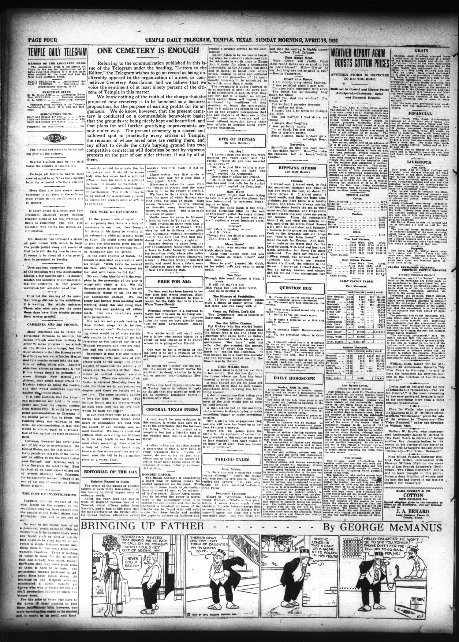 Temple Daily Telegram (Temple, Tex.), Vol. 13, No. 151, Ed. 1 Sunday, April 18, 1920
                                                
                                                    [Sequence #]: 4 of 22
                                                