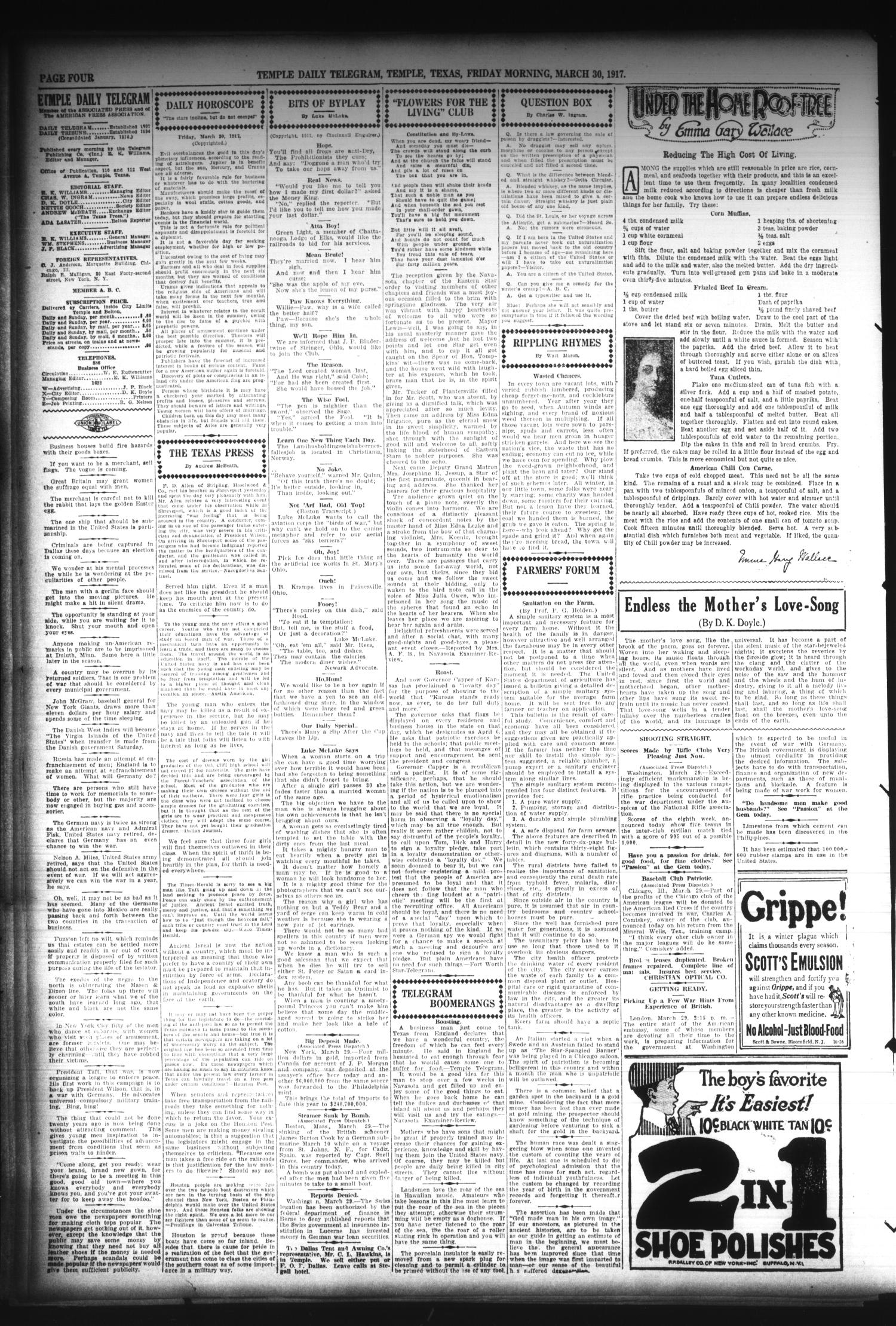 Temple Daily Telegram (Temple, Tex.), Vol. 10, No. 131, Ed. 1 Friday, March 30, 1917
                                                
                                                    [Sequence #]: 4 of 8
                                                