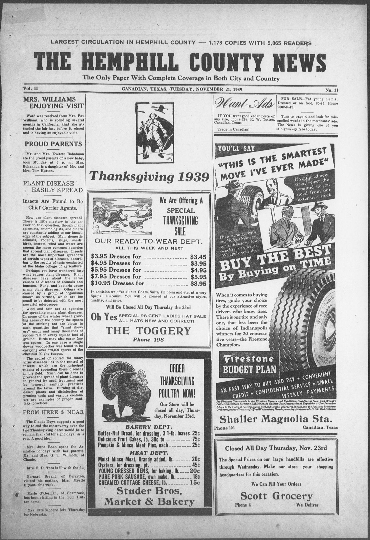 The Hemphill County News (Canadian, Tex), Vol. 2, No. 11, Ed. 1, Tuesday, November 21, 1939
                                                
                                                    1
                                                