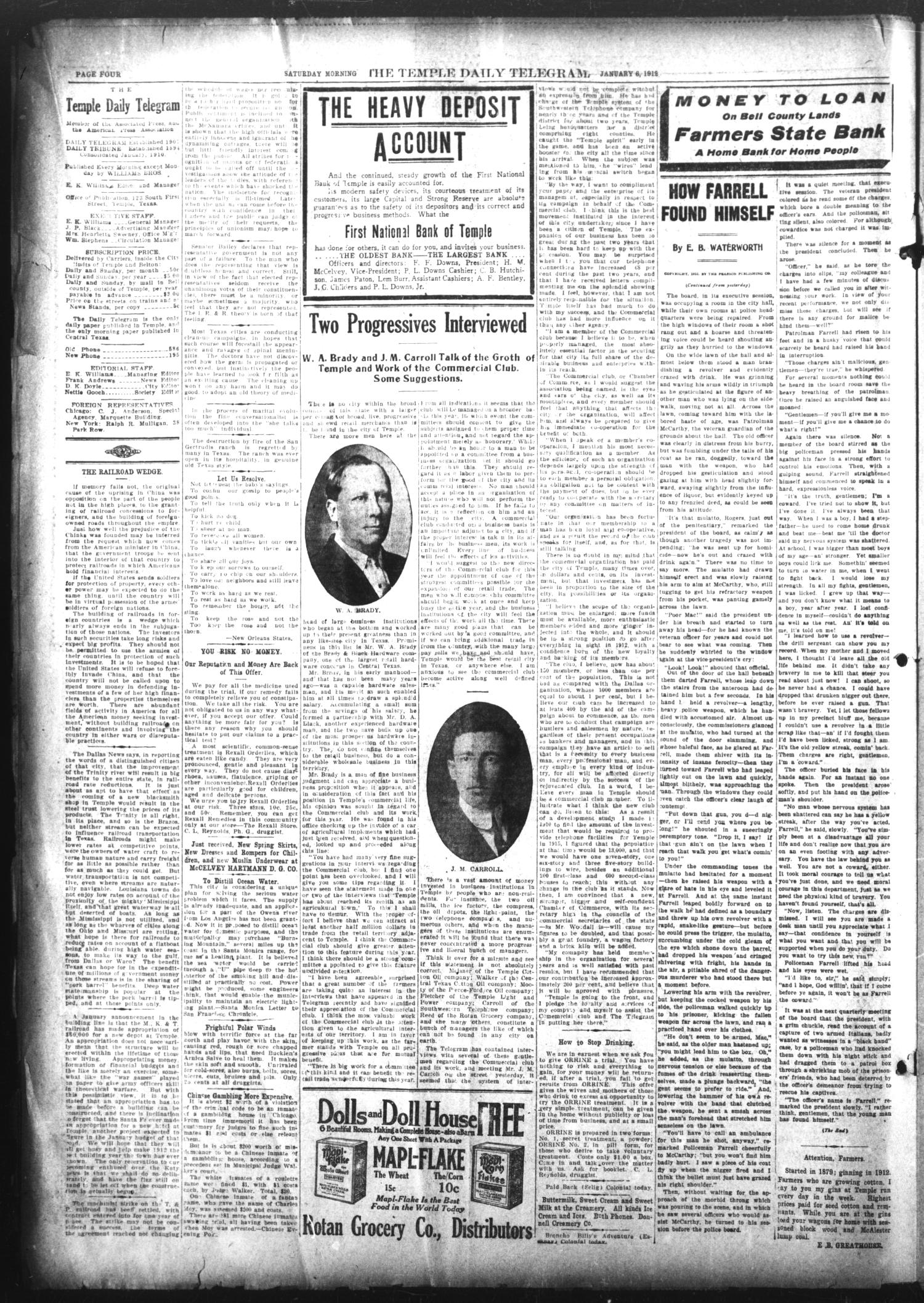 The Temple Daily Telegram (Temple, Tex.), Vol. 5, No. 42, Ed. 1 Saturday, January 6, 1912
                                                
                                                    [Sequence #]: 4 of 8
                                                
