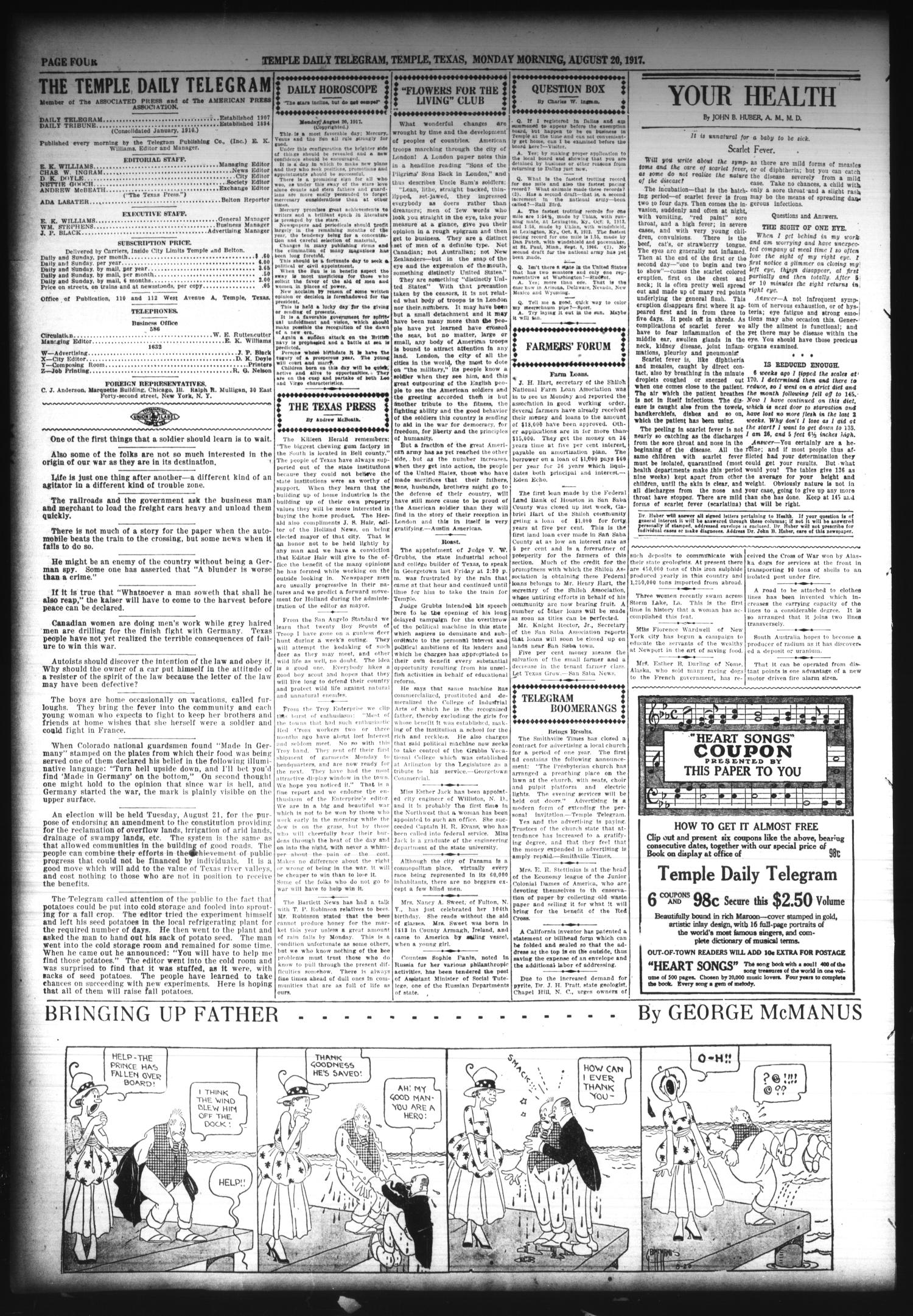 Temple Daily Telegram (Temple, Tex.), Vol. 10, No. 274, Ed. 1 Monday, August 20, 1917
                                                
                                                    [Sequence #]: 4 of 8
                                                