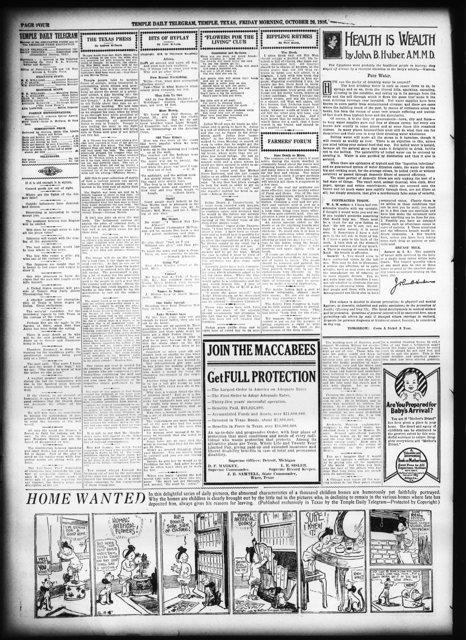 Temple Daily Telegram (Temple, Tex.), Vol. 9, No. 340, Ed. 1 Friday, October 20, 1916
                                                
                                                    [Sequence #]: 4 of 8
                                                