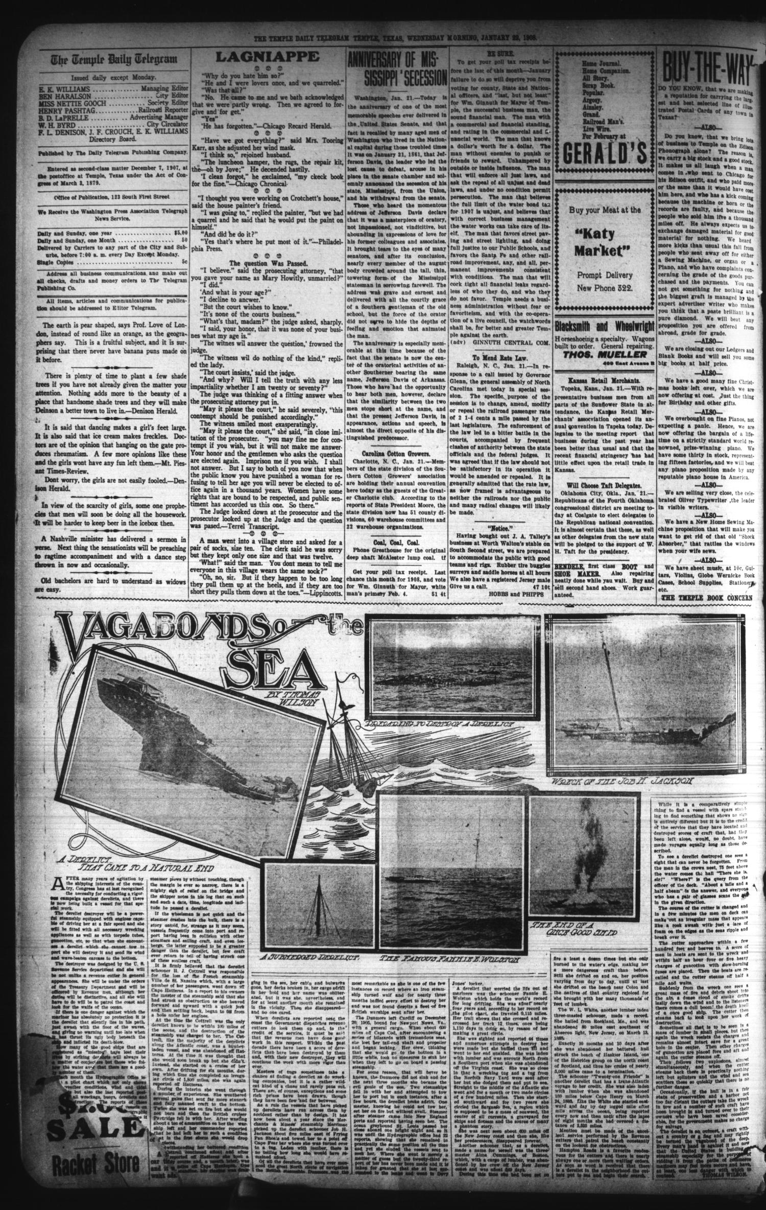 The Temple Daily Telegram (Temple, Tex.), Vol. 1, No. 56, Ed. 1 Wednesday, January 22, 1908
                                                
                                                    [Sequence #]: 2 of 4
                                                
