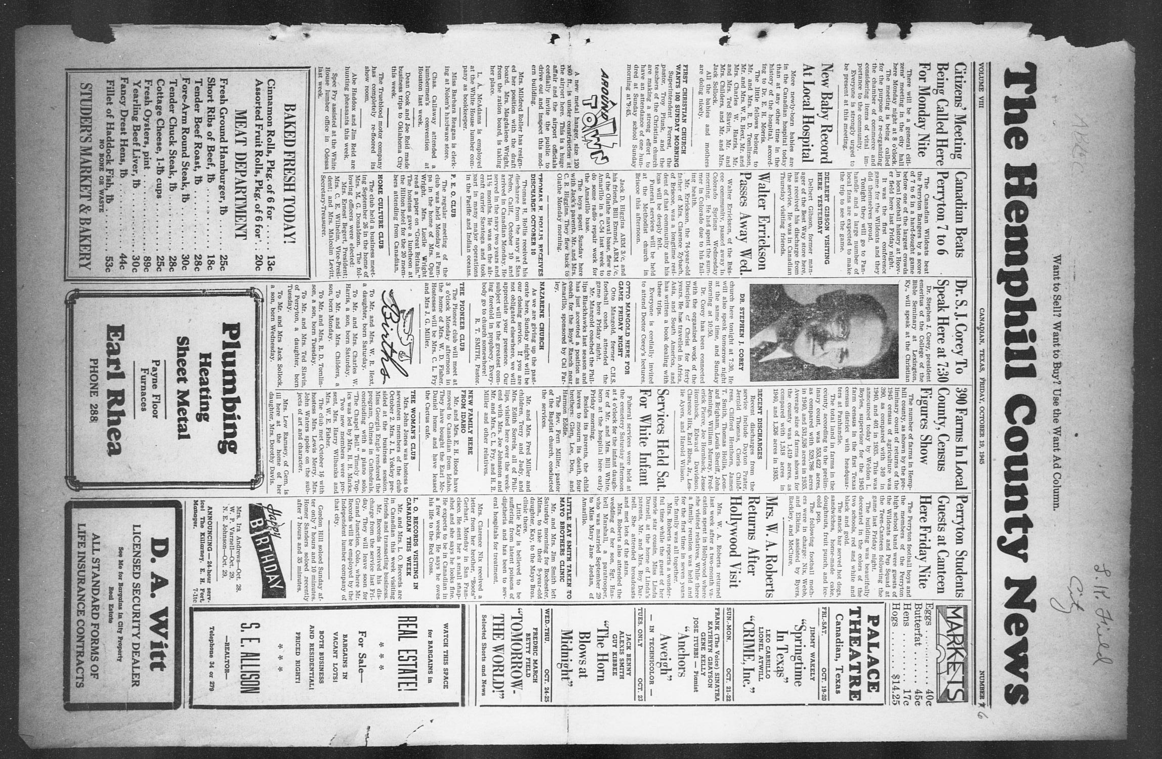The Hemphill County News (Canadian, Tex), Vol. 8, No. 6, Ed. 1, Friday, October 19, 1945
                                                
                                                    1
                                                
