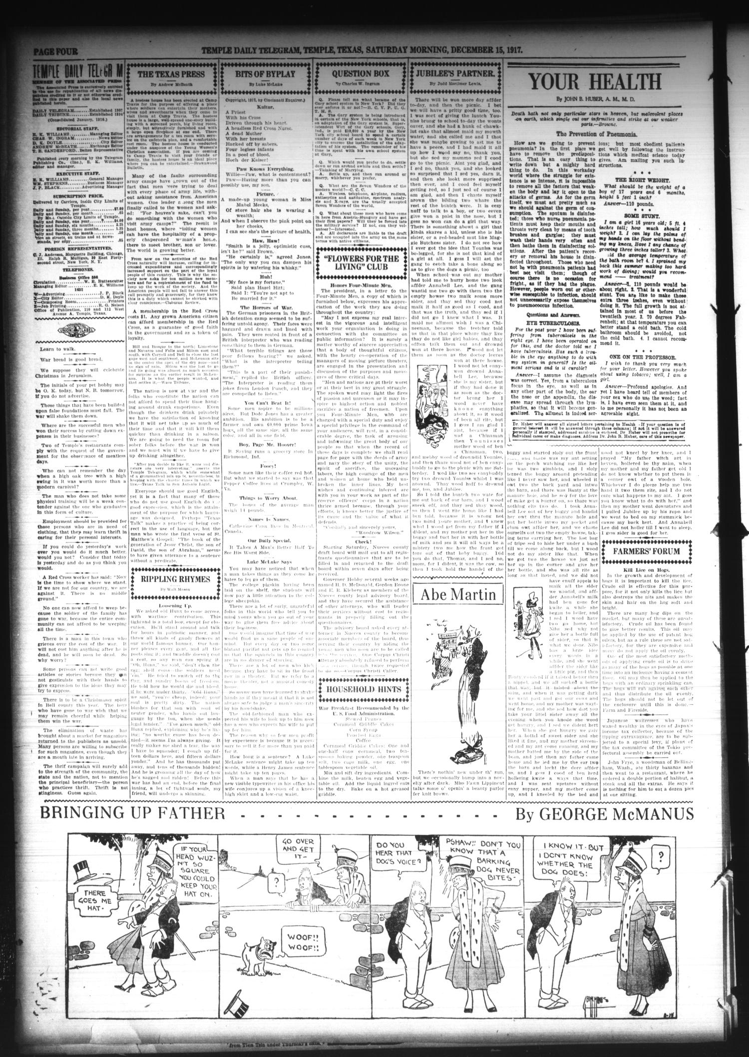 Temple Daily Telegram (Temple, Tex.), Vol. 11, No. 27, Ed. 1 Saturday, December 15, 1917
                                                
                                                    [Sequence #]: 4 of 8
                                                