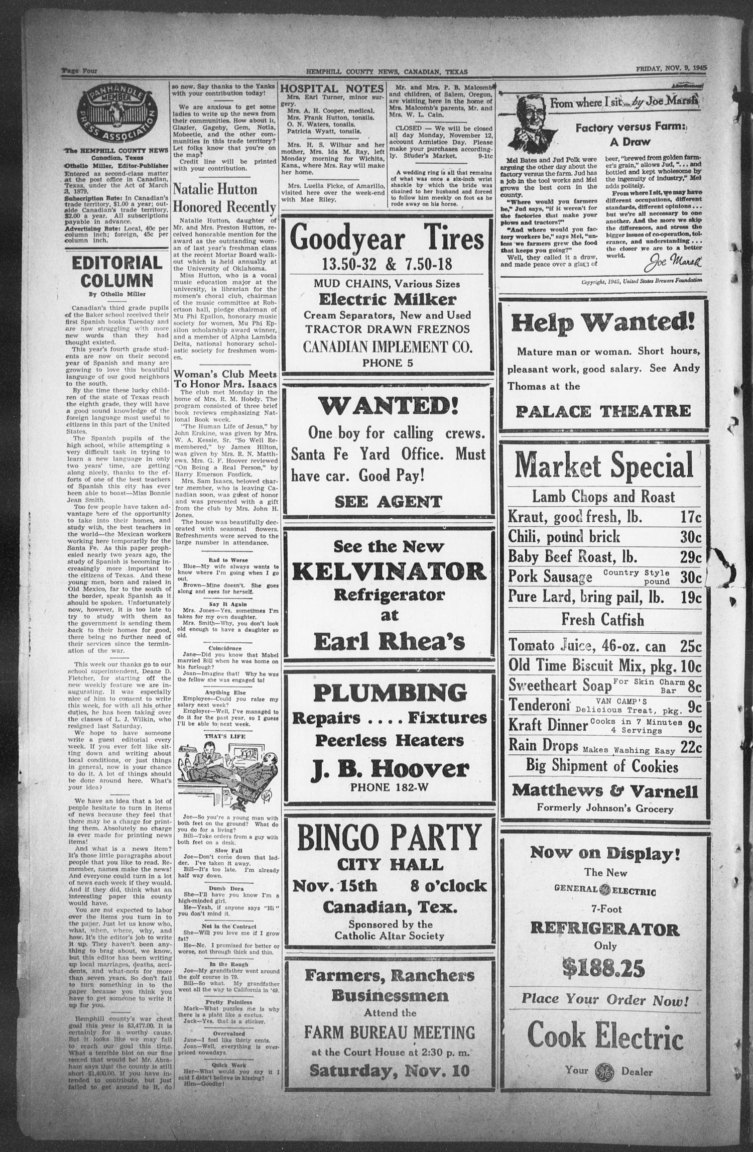 The Hemphill County News (Canadian, Tex), Vol. 8, No. 9, Ed. 1, Friday, November 9, 1945
                                                
                                                    4
                                                
