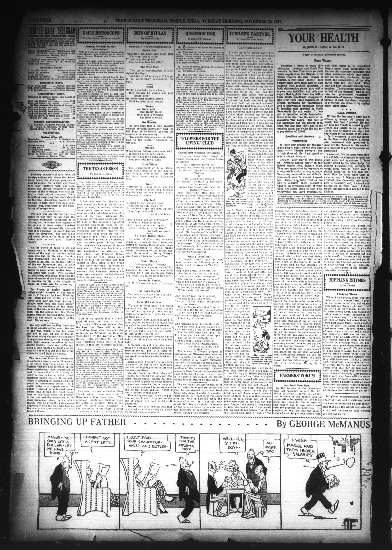 Temple Daily Telegram (Temple, Tex.), Vol. 11, No. 2, Ed. 1 Tuesday, November 20, 1917
                                                
                                                    [Sequence #]: 4 of 10
                                                
