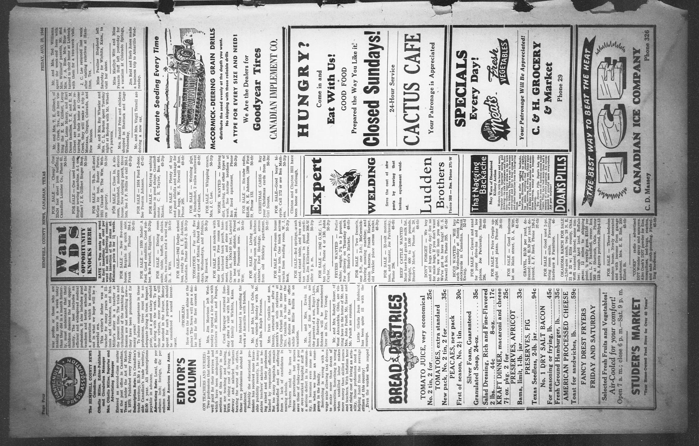 The Hemphill County News (Canadian, Tex), Vol. 8, No. 50, Ed. 1, Friday, August 23, 1946
                                                
                                                    4
                                                